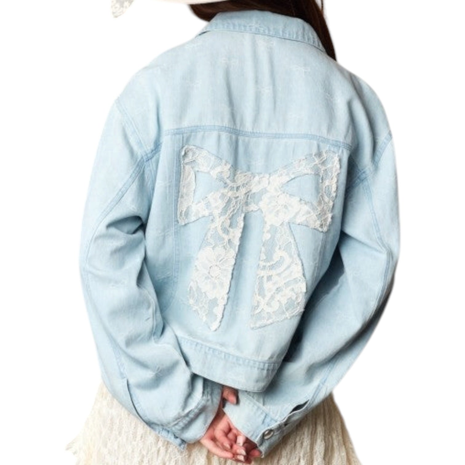 Light blue denim jacket with lace detailing on a white background