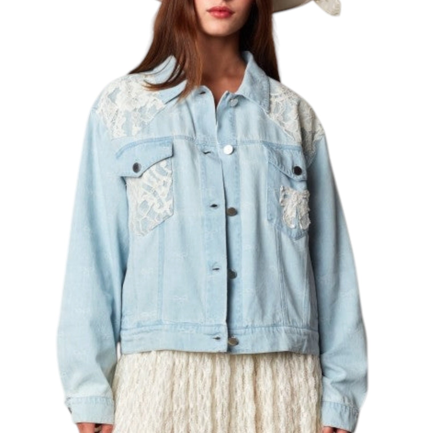Light blue denim jacket with lace details worn by a person on a white background