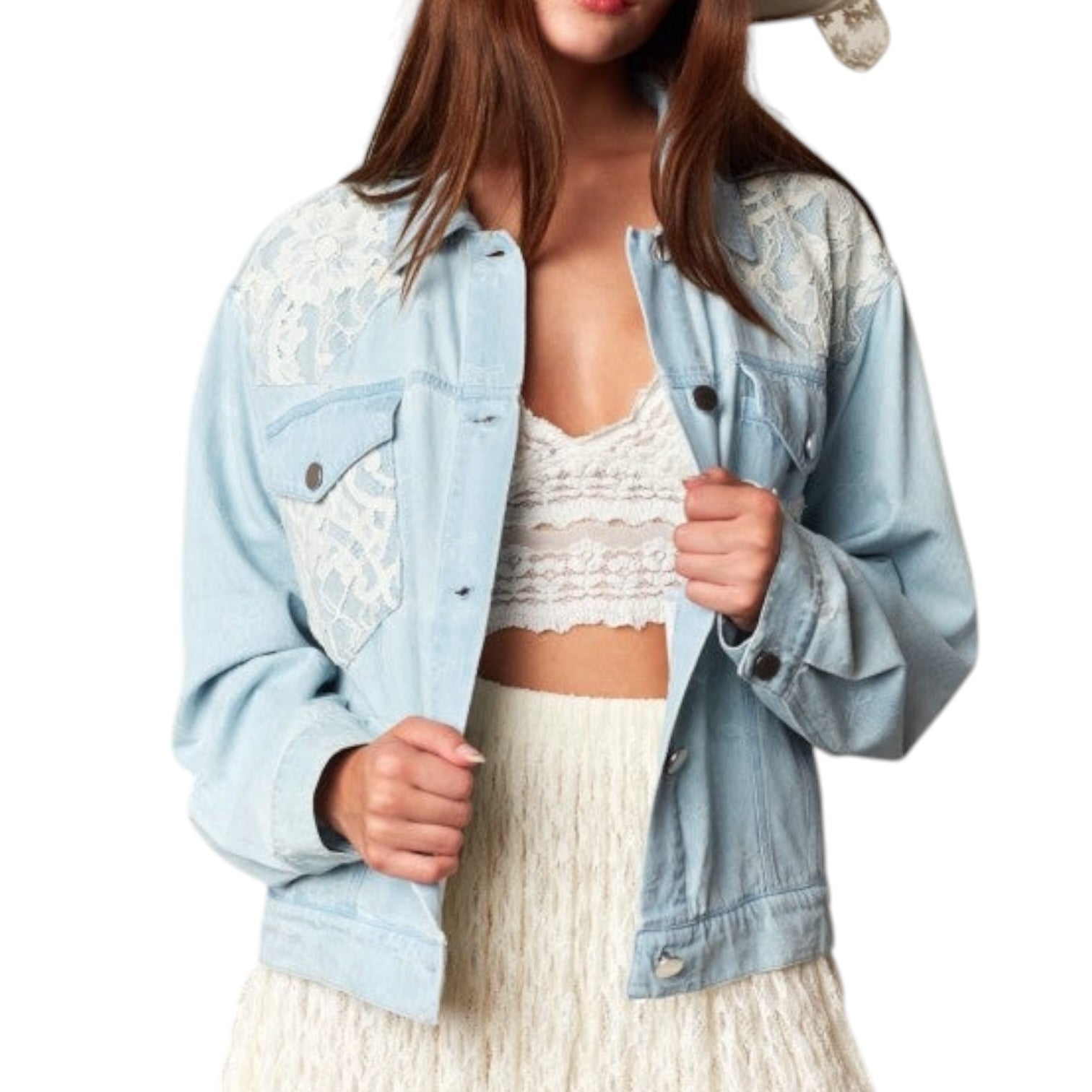 Light blue denim jacket with lace detailing worn by a person on a white background