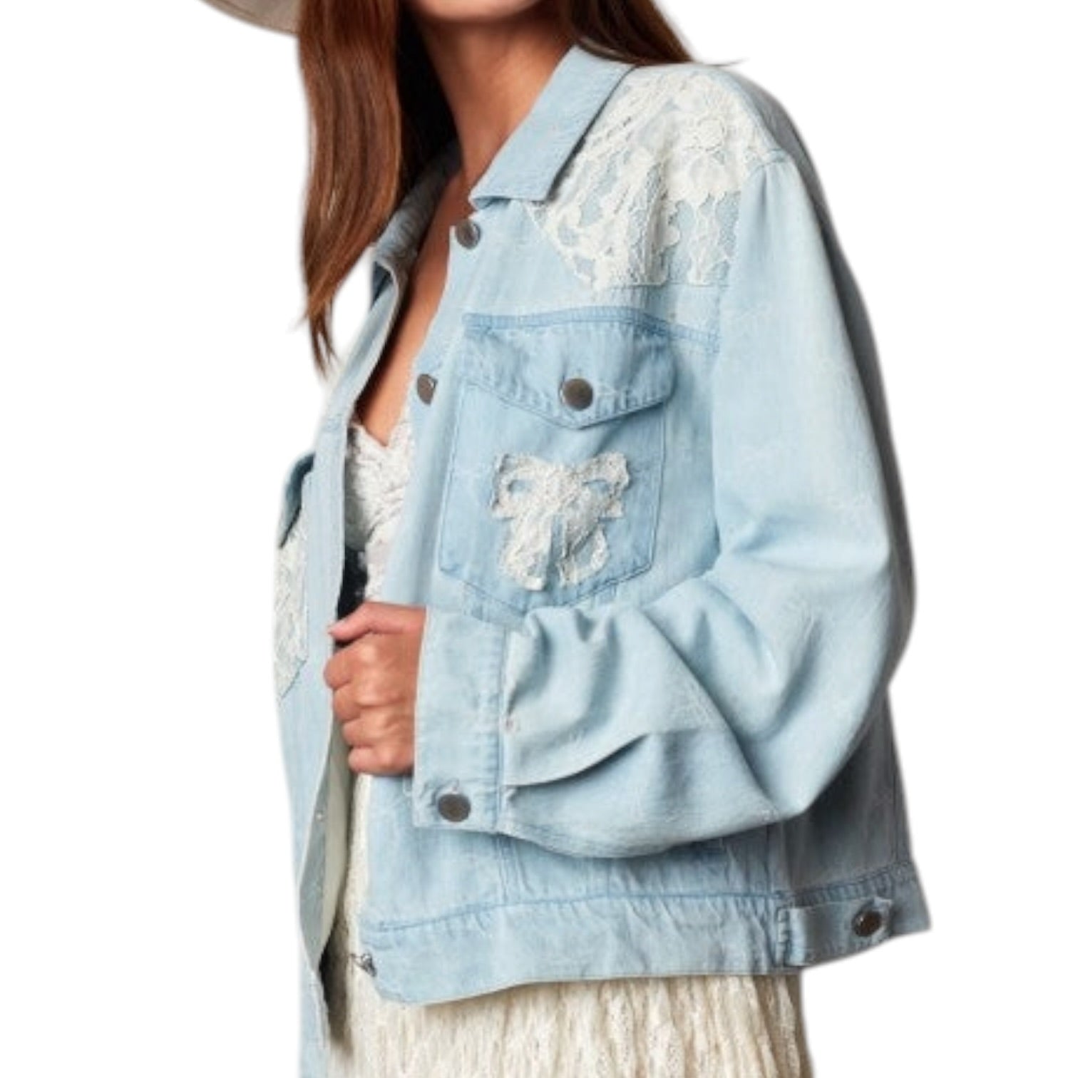 Light blue denim jacket with lace details on a white background