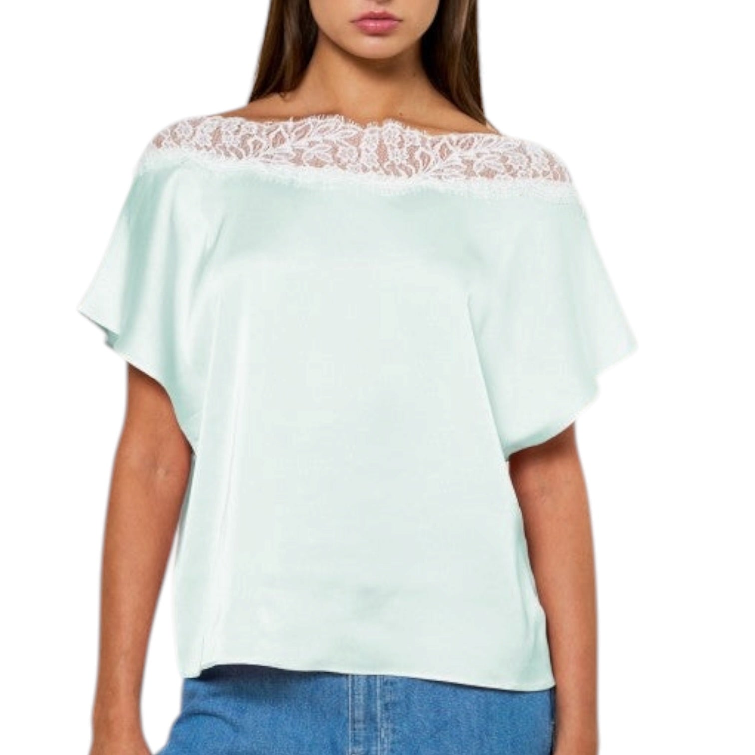 Light blue blouse with lace detailing on a white background
