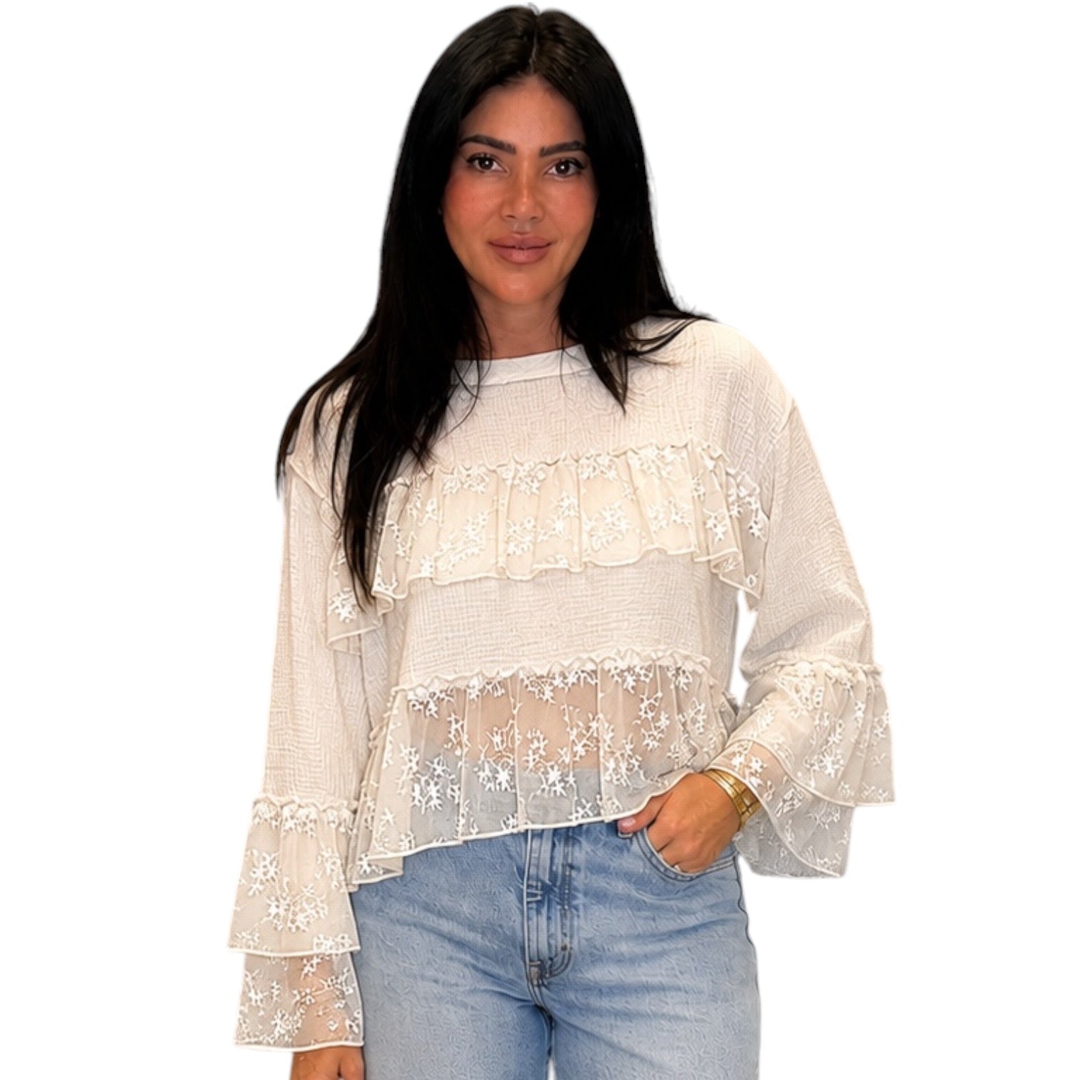 alicia dimichele boutique lace whisper gauze ruffle top natural front