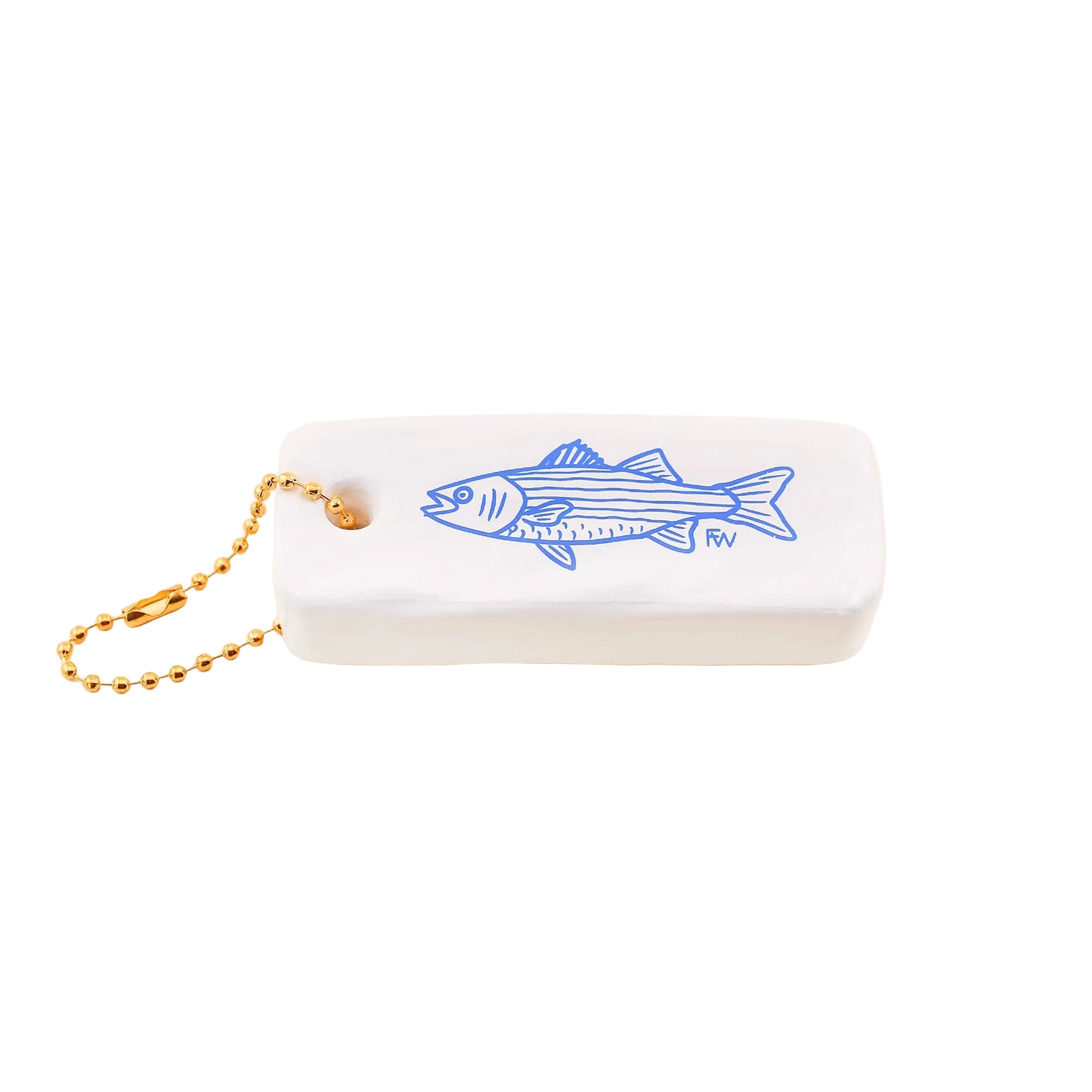 White object with blue fish design and gold chain on white background