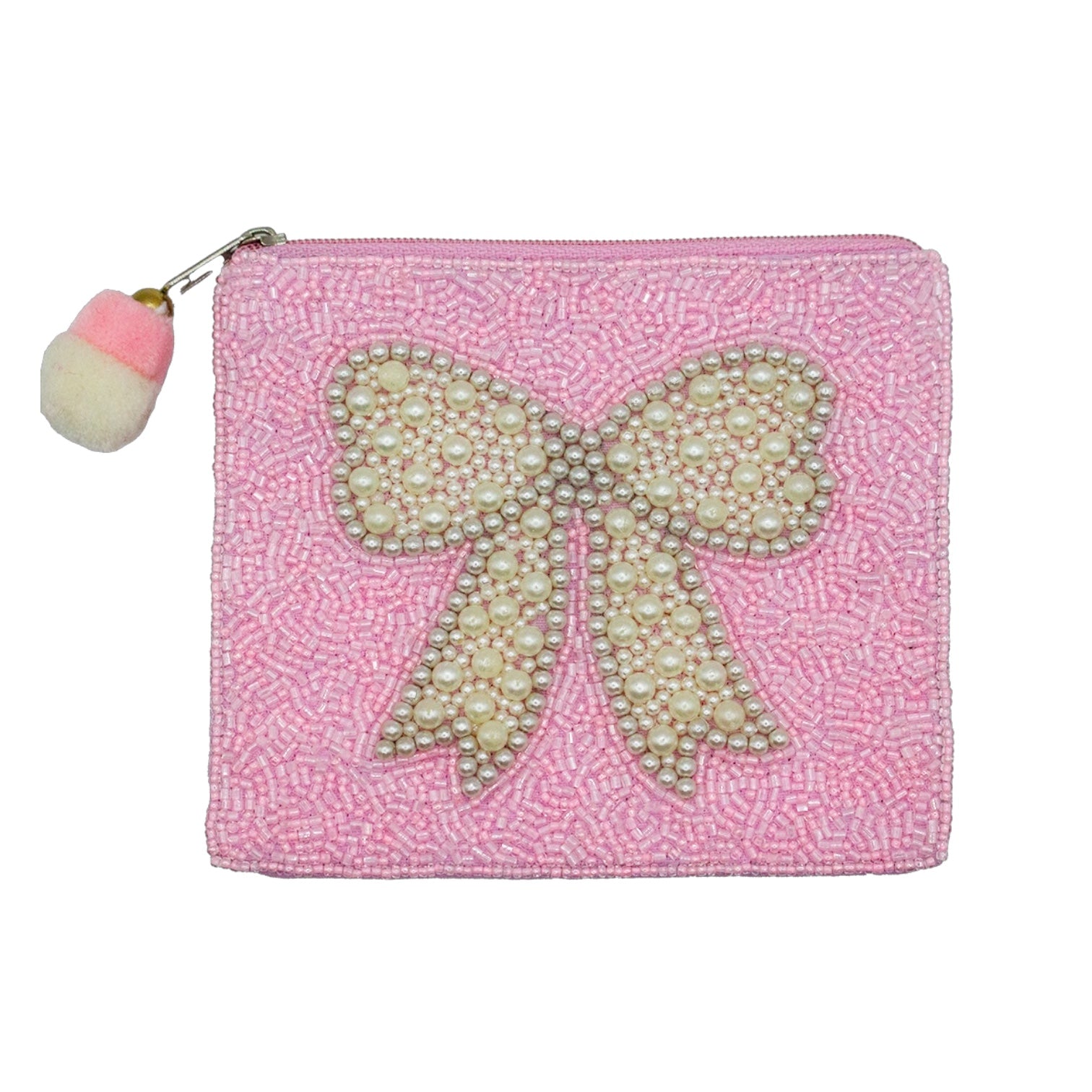 Pink pouch with a pearl bow design on a white background