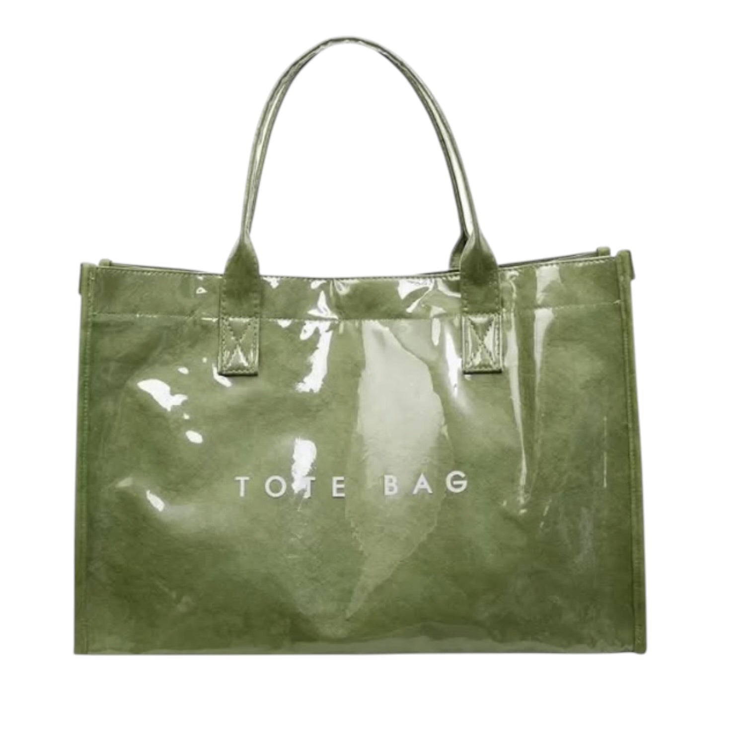 An olive green translucent vinyl tote bag with double top handles and 'TOTE BAG' printed in white on the front, set against a plain white background.