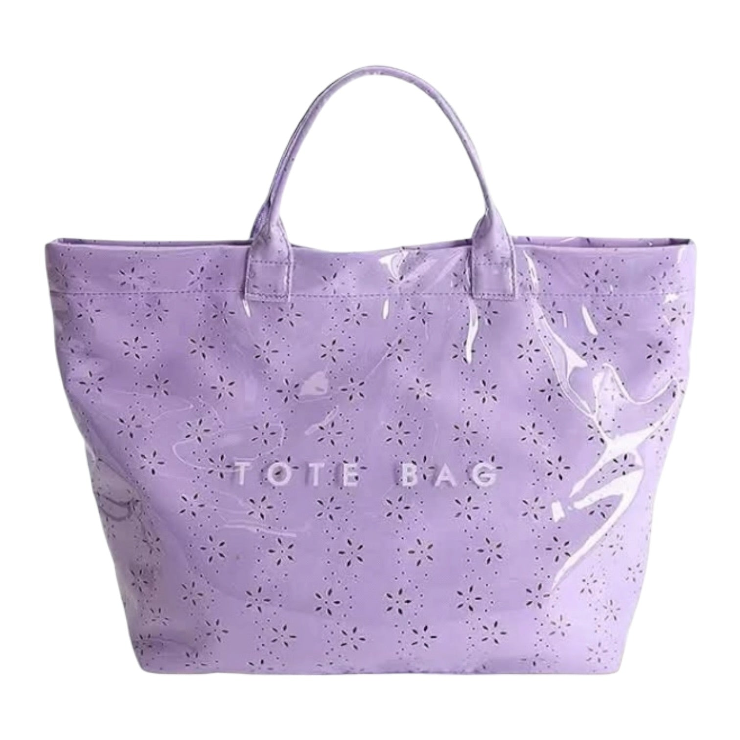 Purple tote bag with floral cut-out pattern on a white background