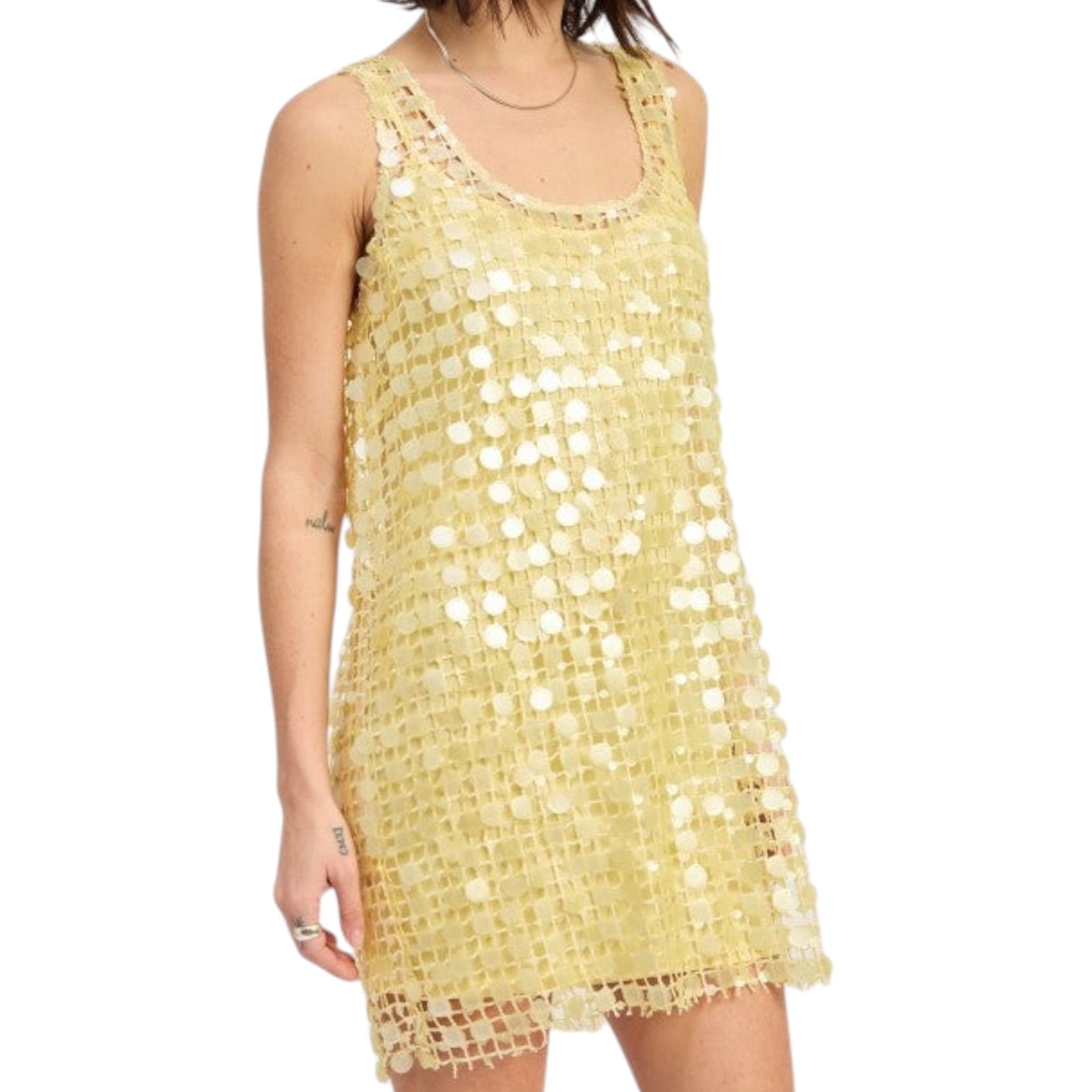 Yellow sequin dress on a white background