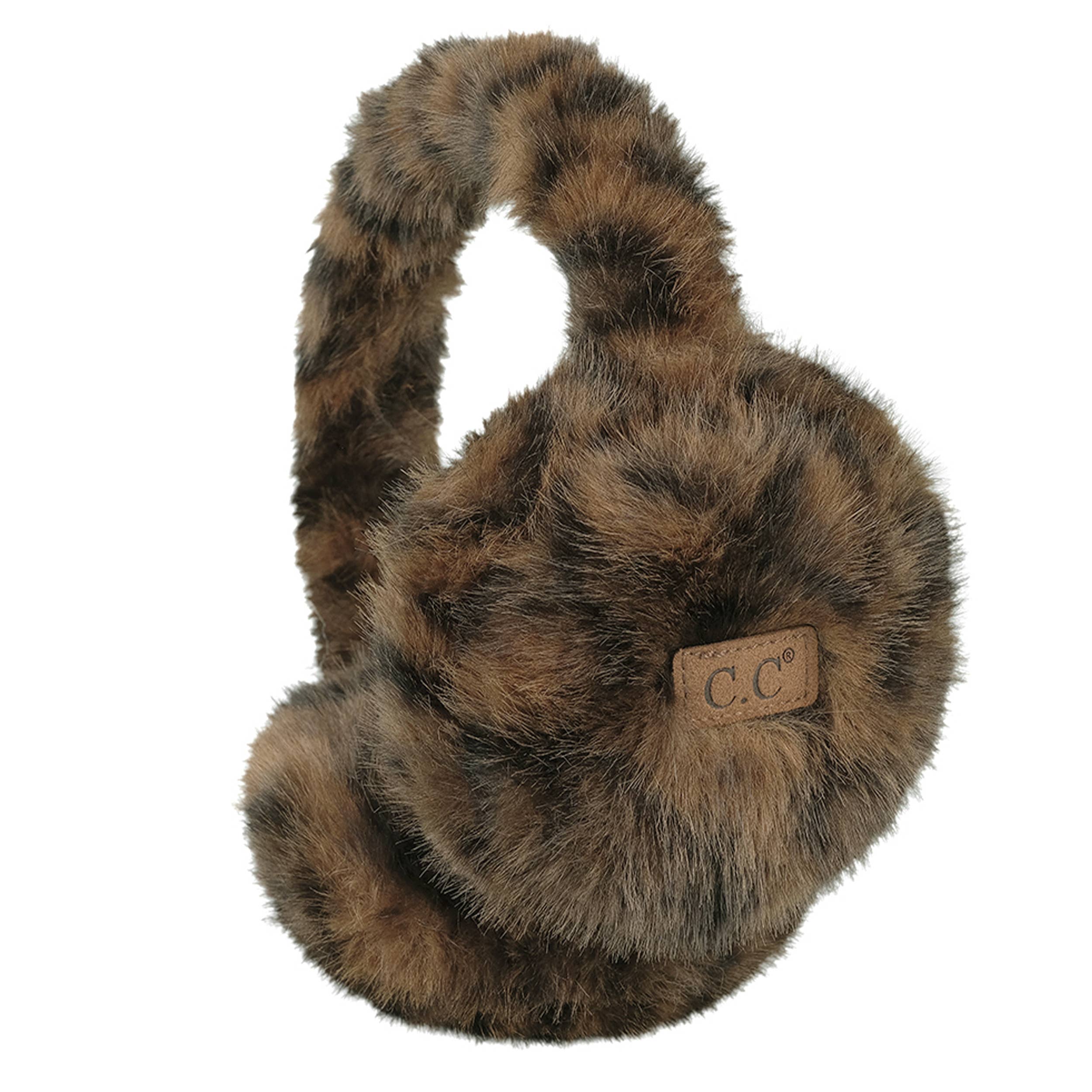 Leopard print faux fur earmuffs, cozy winter ear warmers.