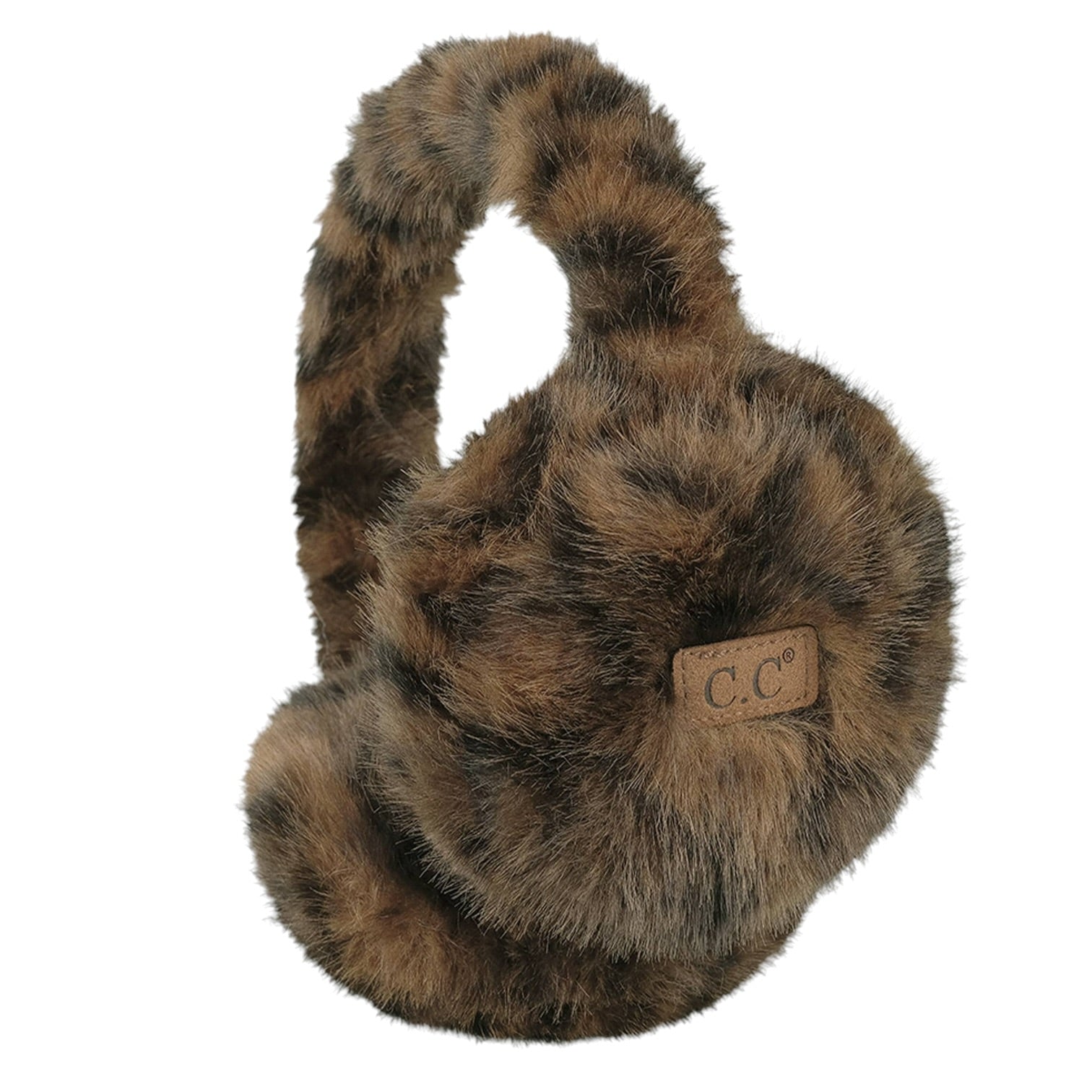 Brown and black leopard-print faux fur earmuffs with a small tan leather patch featuring the letters 'C.C' on the side, isolated on a white background.