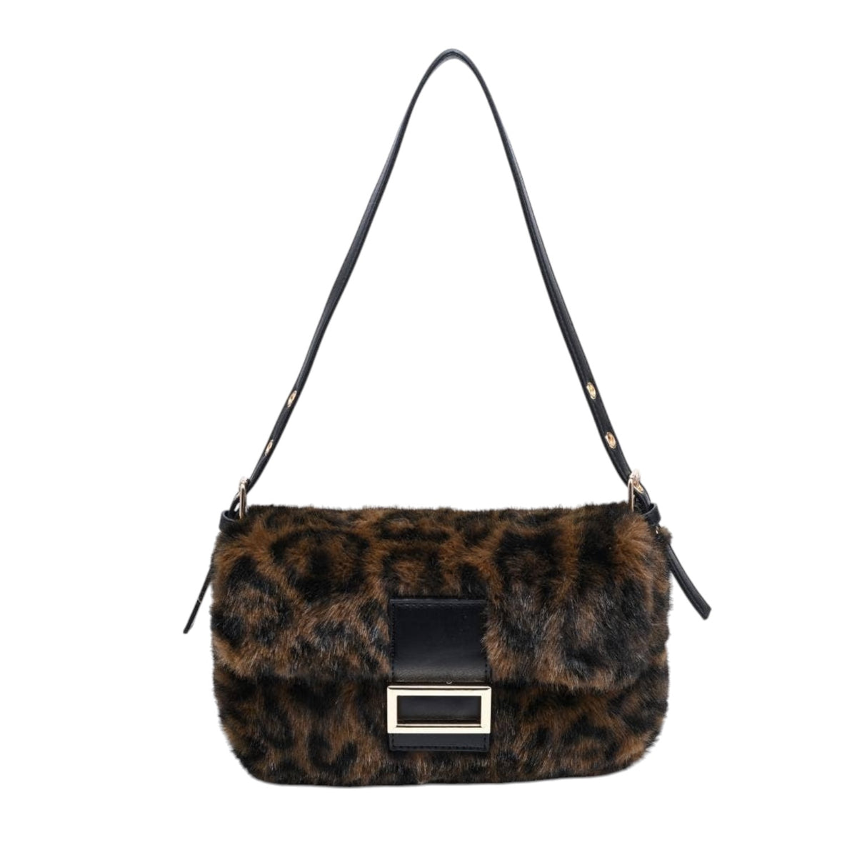 A leopard-print faux fur shoulder bag with a black leather strap and a gold-tone rectangular buckle on the front flap, shown against a plain white background.