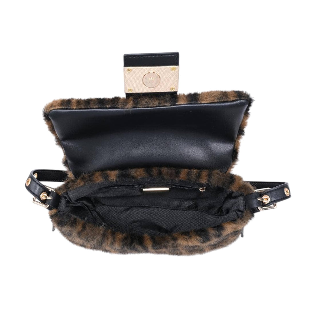 Black faux-leather clutch bag with brown and black leopard-print faux fur trim, shown open to display the interior and a gold-tone clasp at the top.