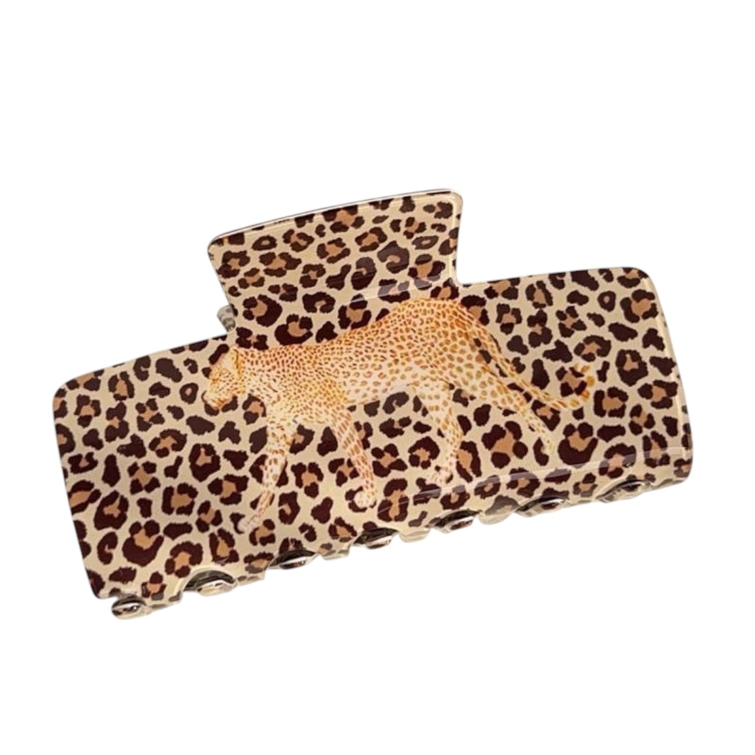 A leopard print hair claw clip featuring a raised cheetah design in the center, set against a plain white background.
