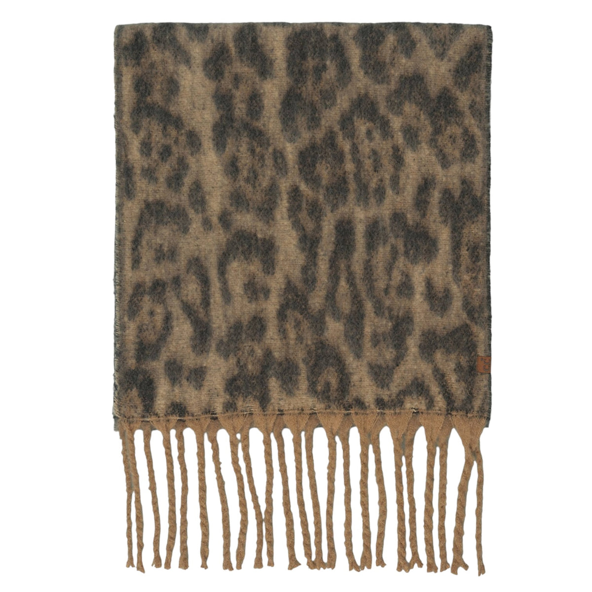 A rectangular scarf with a brown and beige leopard print pattern and fringed tassels along the bottom edge, shown flat against a white background.