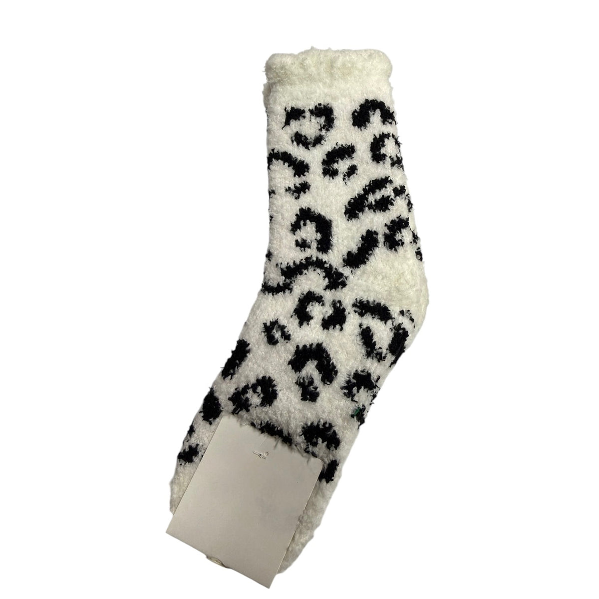 A single fuzzy white sock with a black leopard print pattern, shown against a plain white background with a paper tag attached.