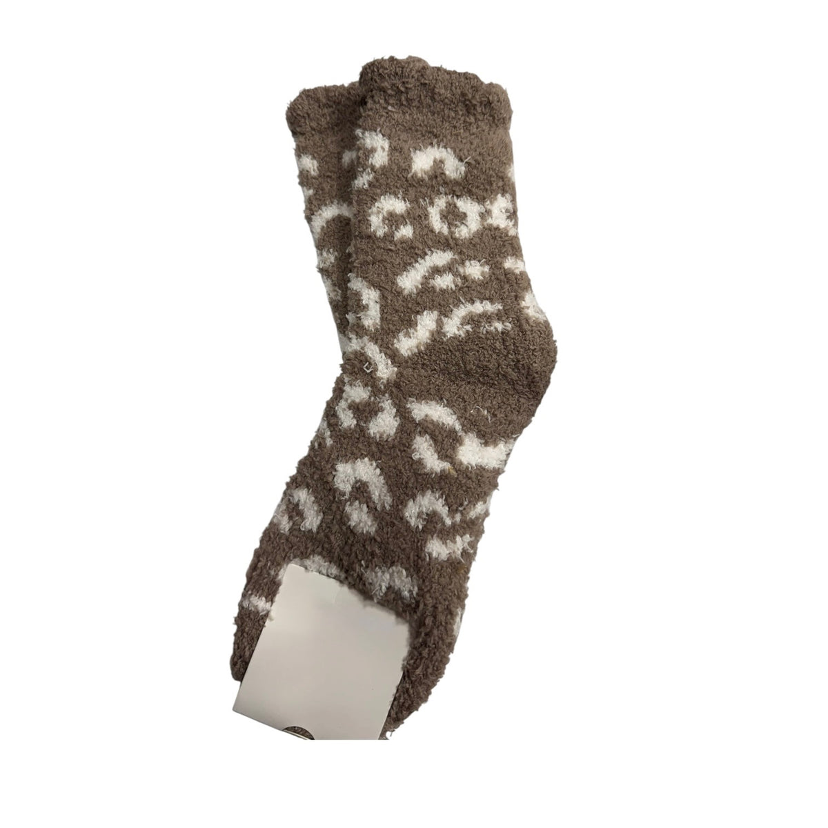 A pair of plush, fuzzy crew socks in a brown and cream leopard print pattern, shown on a plain white background.