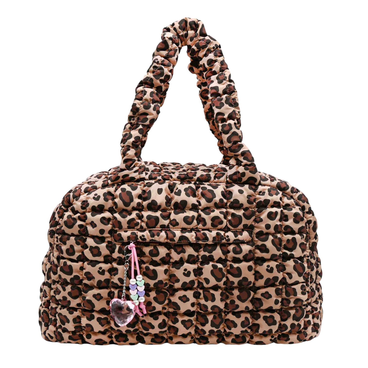 A plush, quilted leopard-print handbag with dual top handles and a dangling beaded keychain charm, shown against a plain white background.