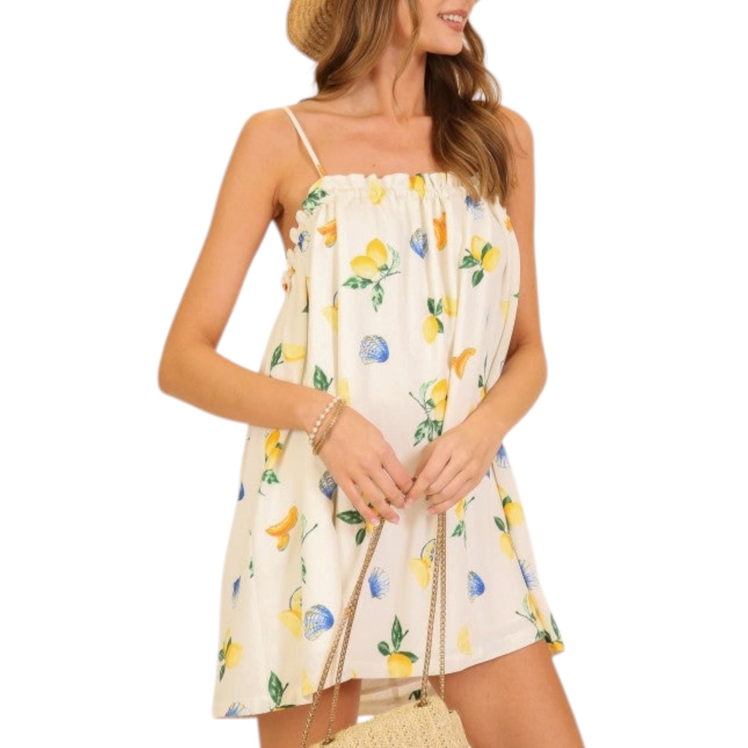 Woman wearing a floral dress with a white background