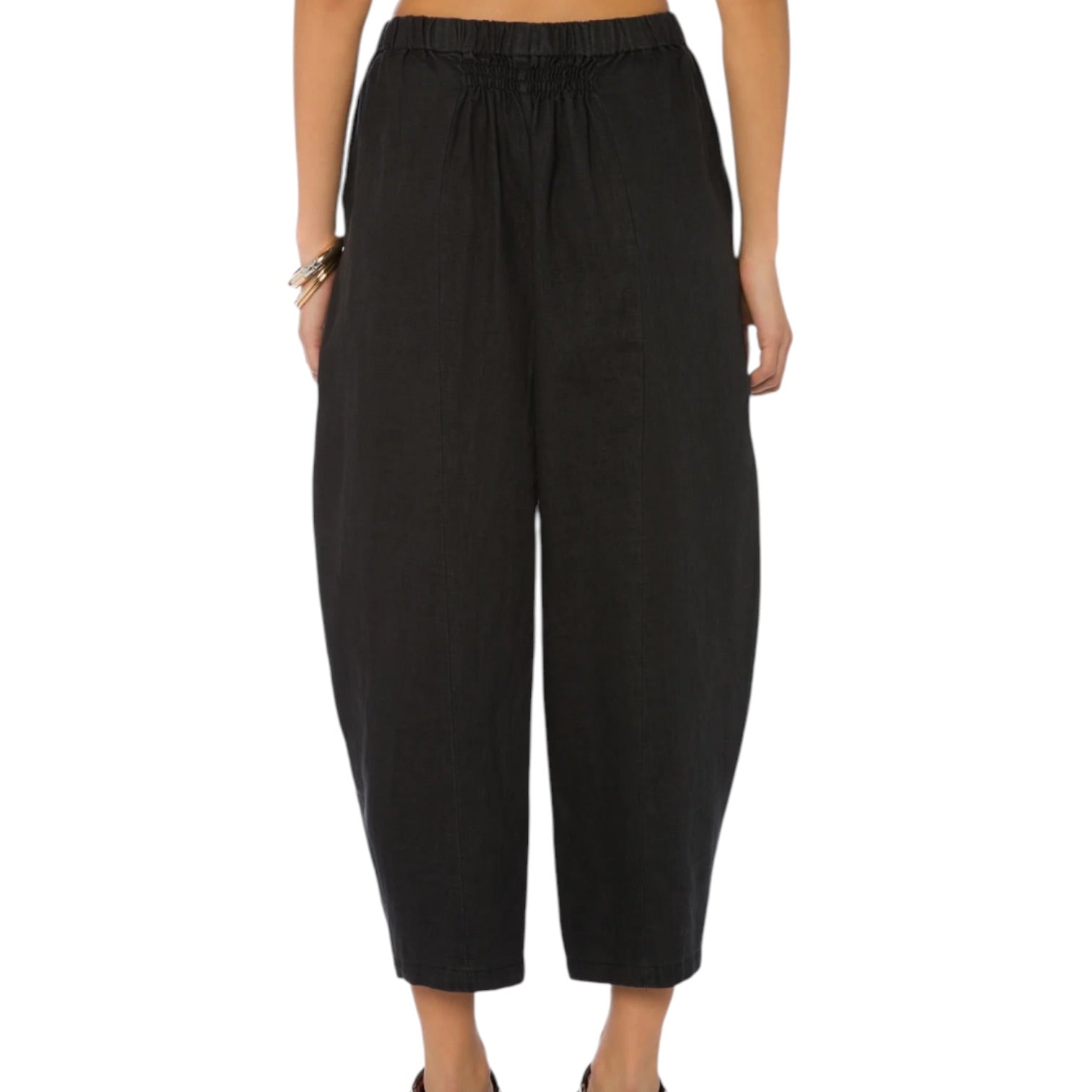 Black wide-leg pants worn by a person on a white background