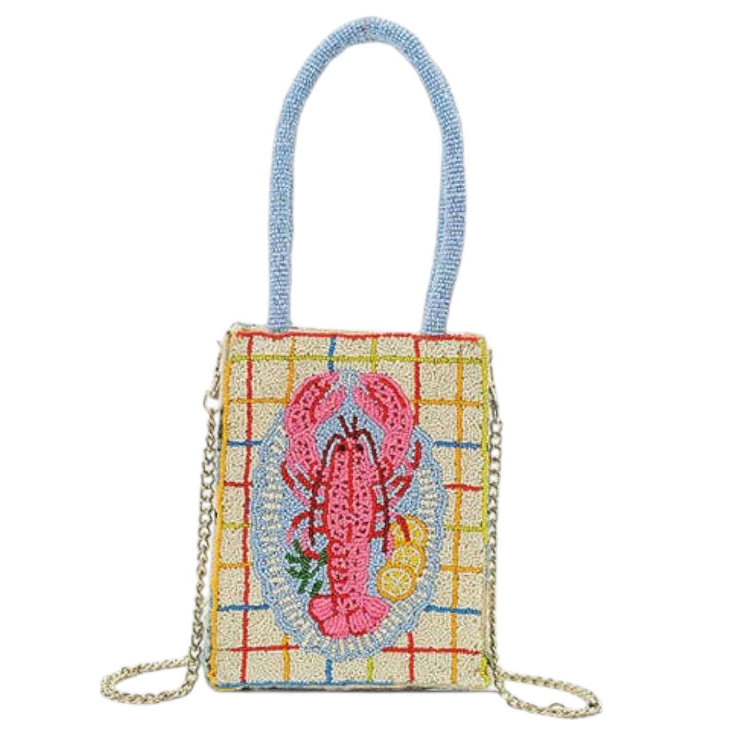 Small handbag with a lobster design on a white background