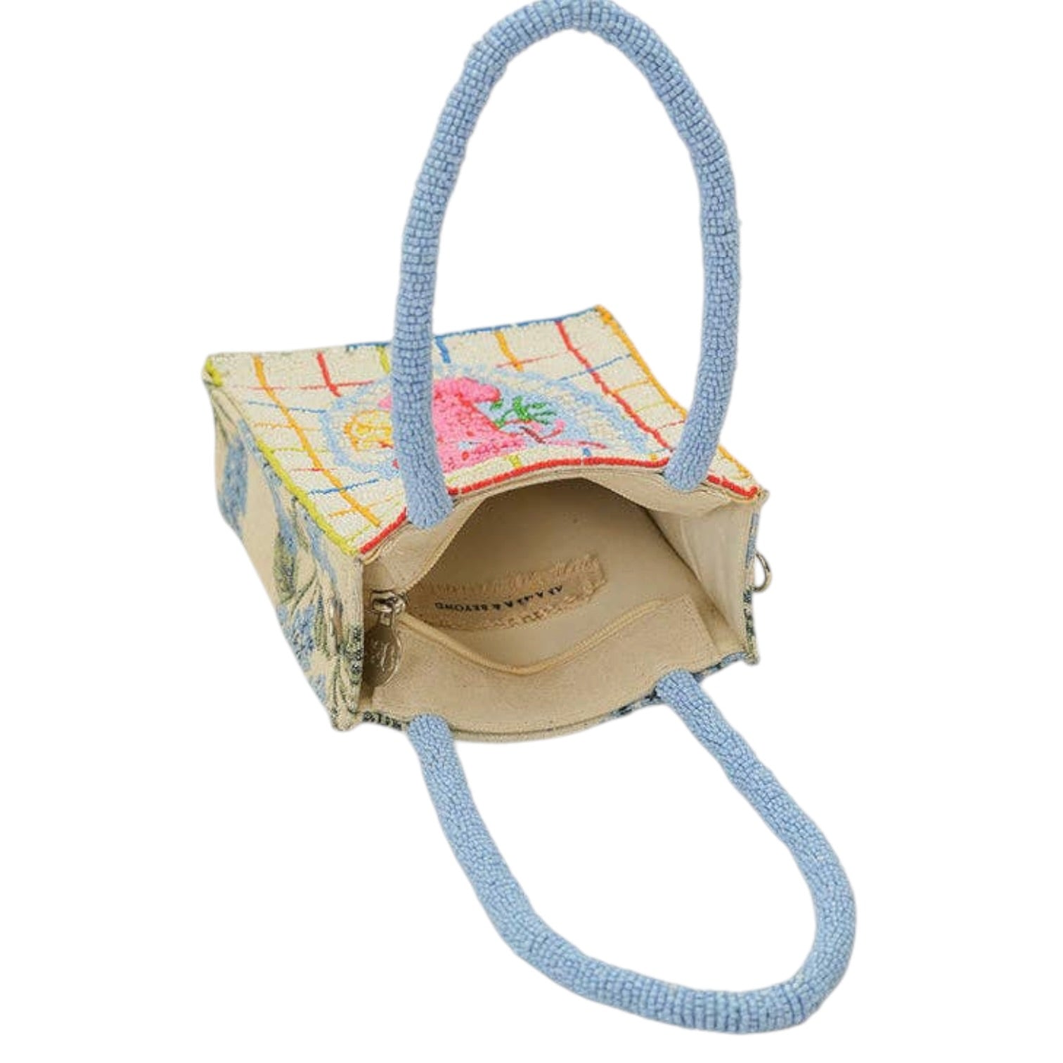 Colorful handbag with a textured handle on a white background