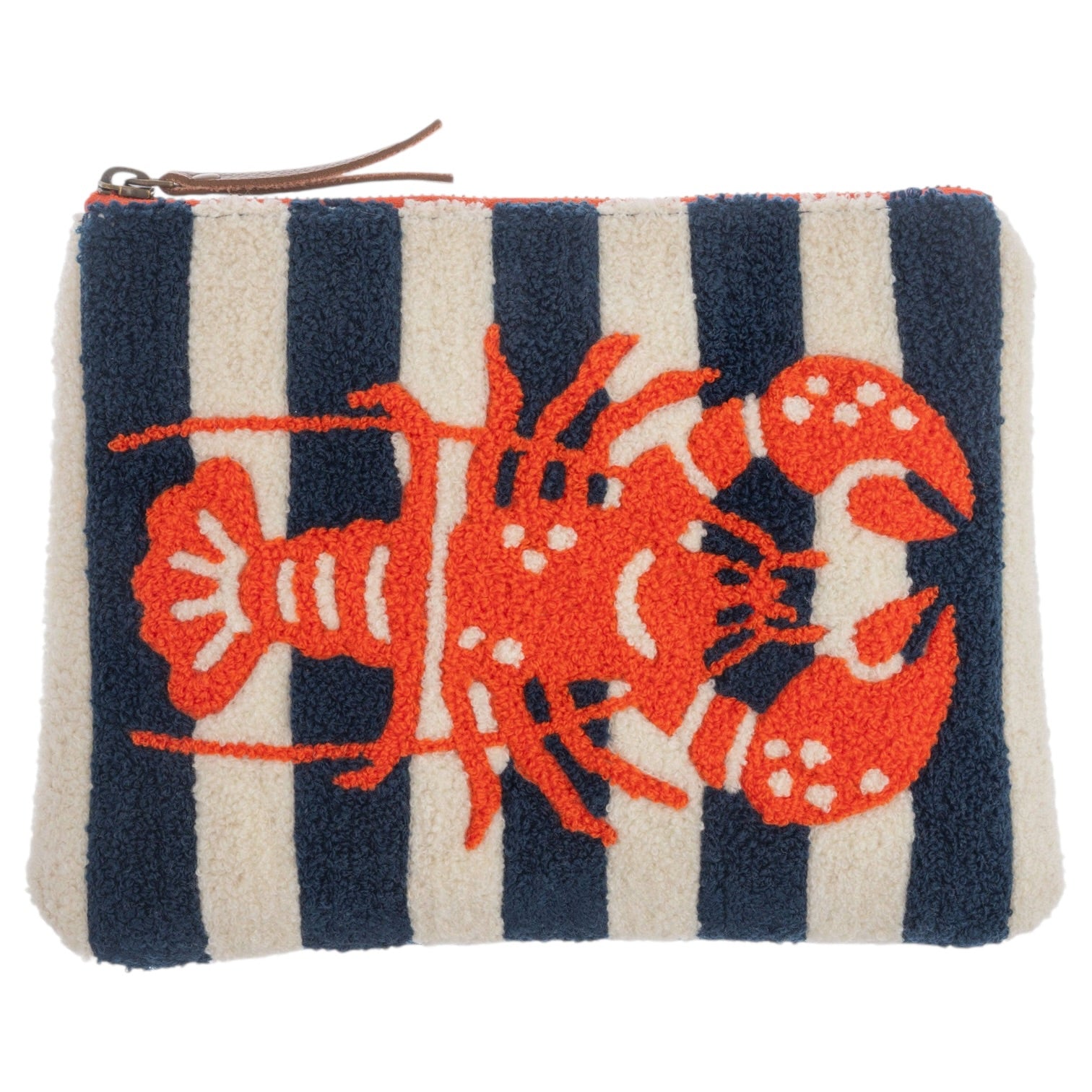 Striped pouch with a red lobster design on a white background