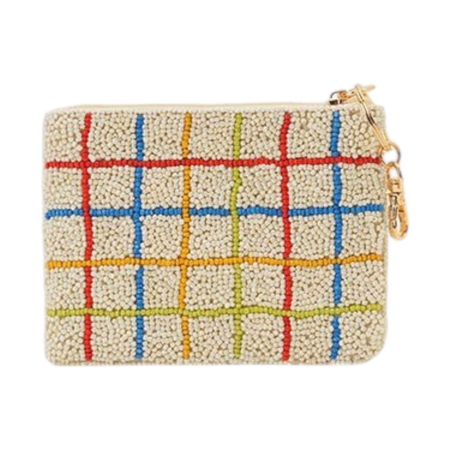 Beige pouch with colorful plaid pattern on a white background