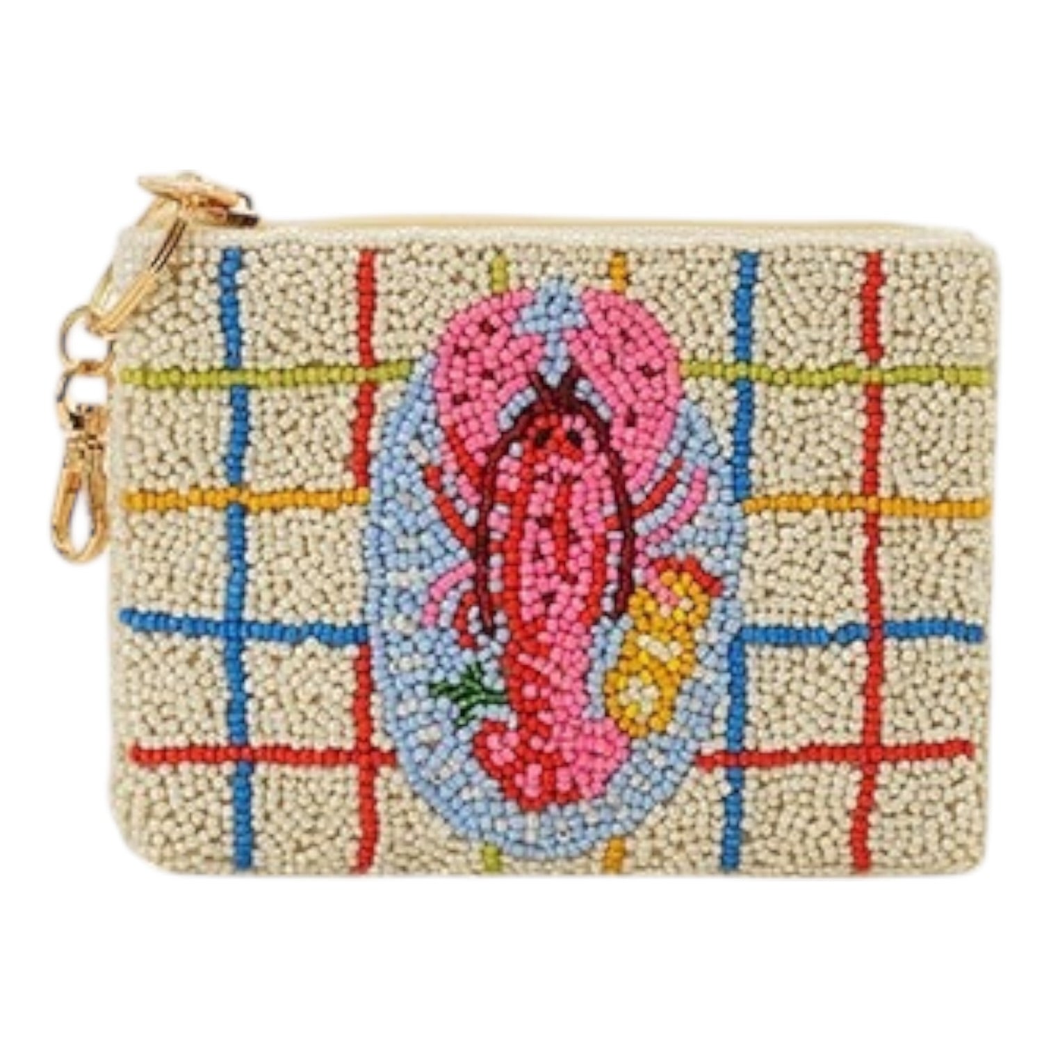 Small pouch with embroidered design on a plaid background