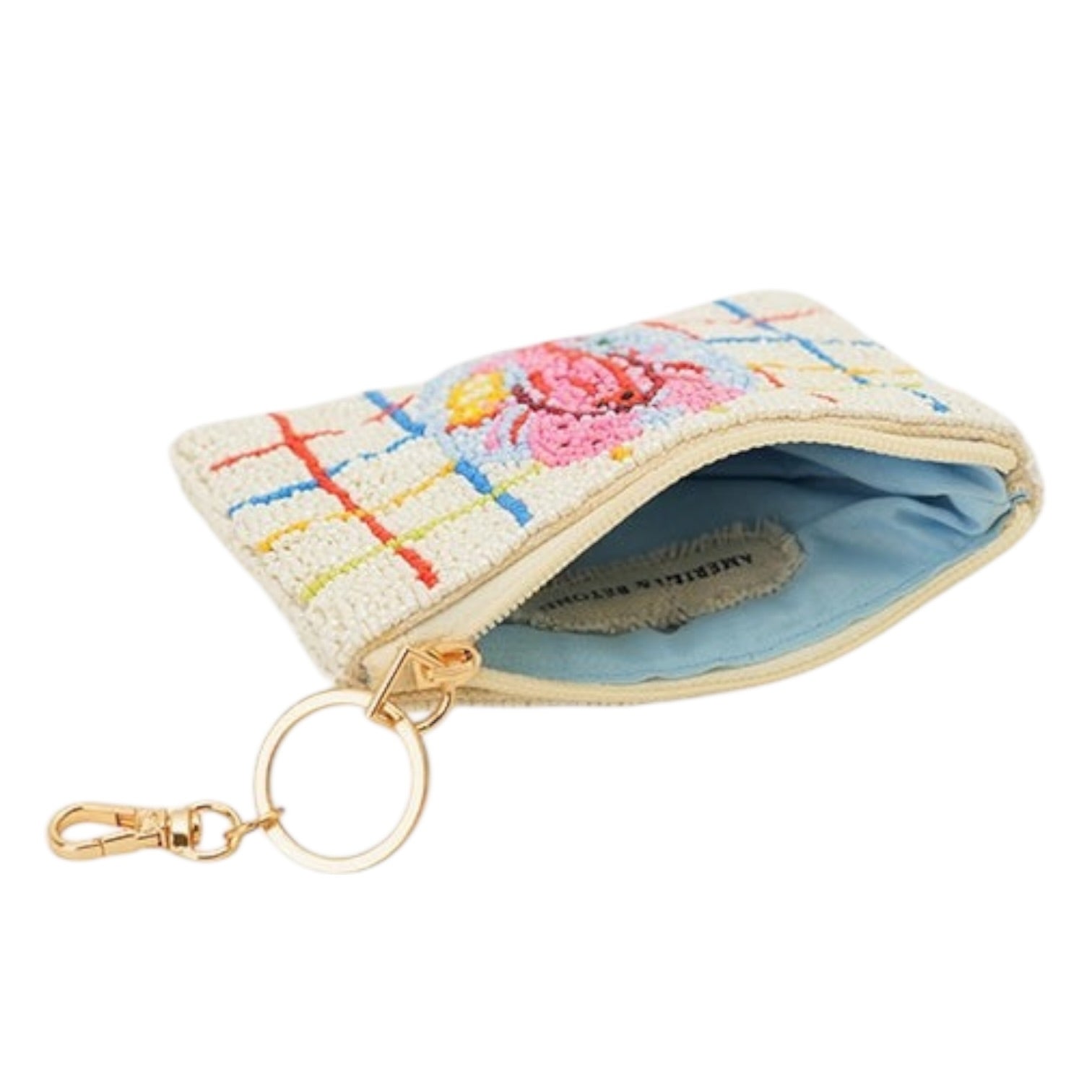 Embroidered coin purse with floral design and gold keychain on a white background