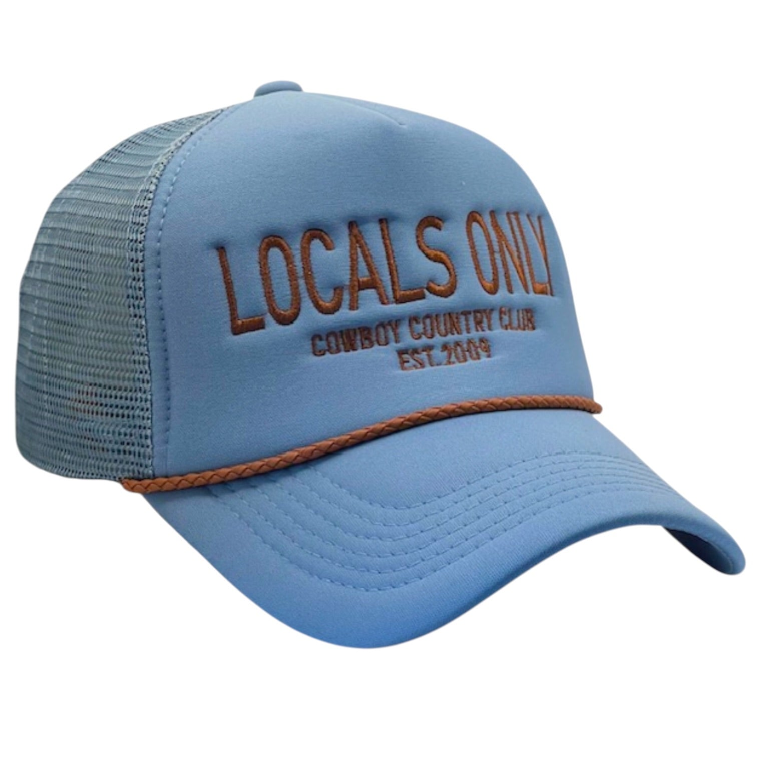 Blue trucker hat with 'Locals Only' text on a white background