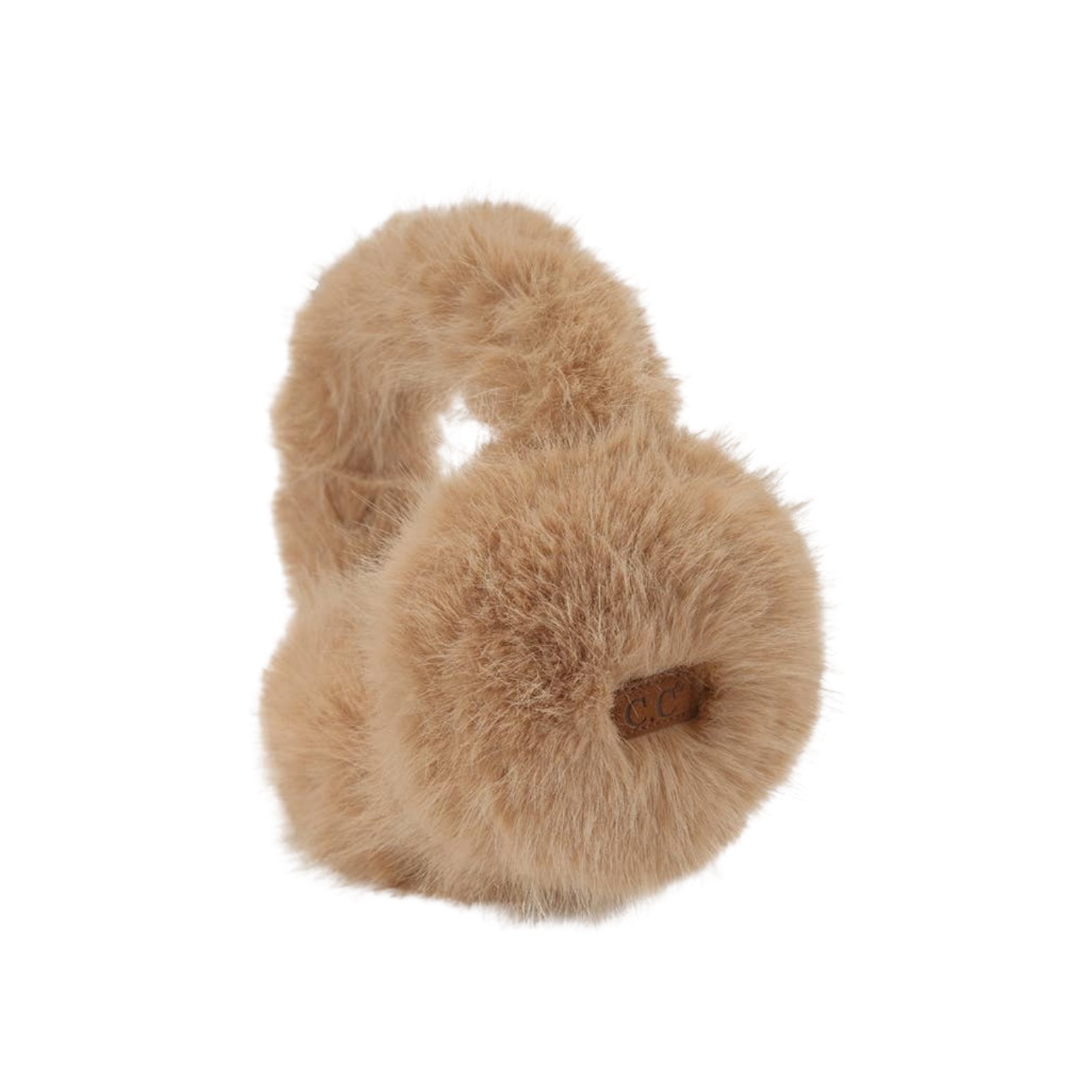 Long faux fur ear muff warmers in neutral tones, cozy winter accessory.