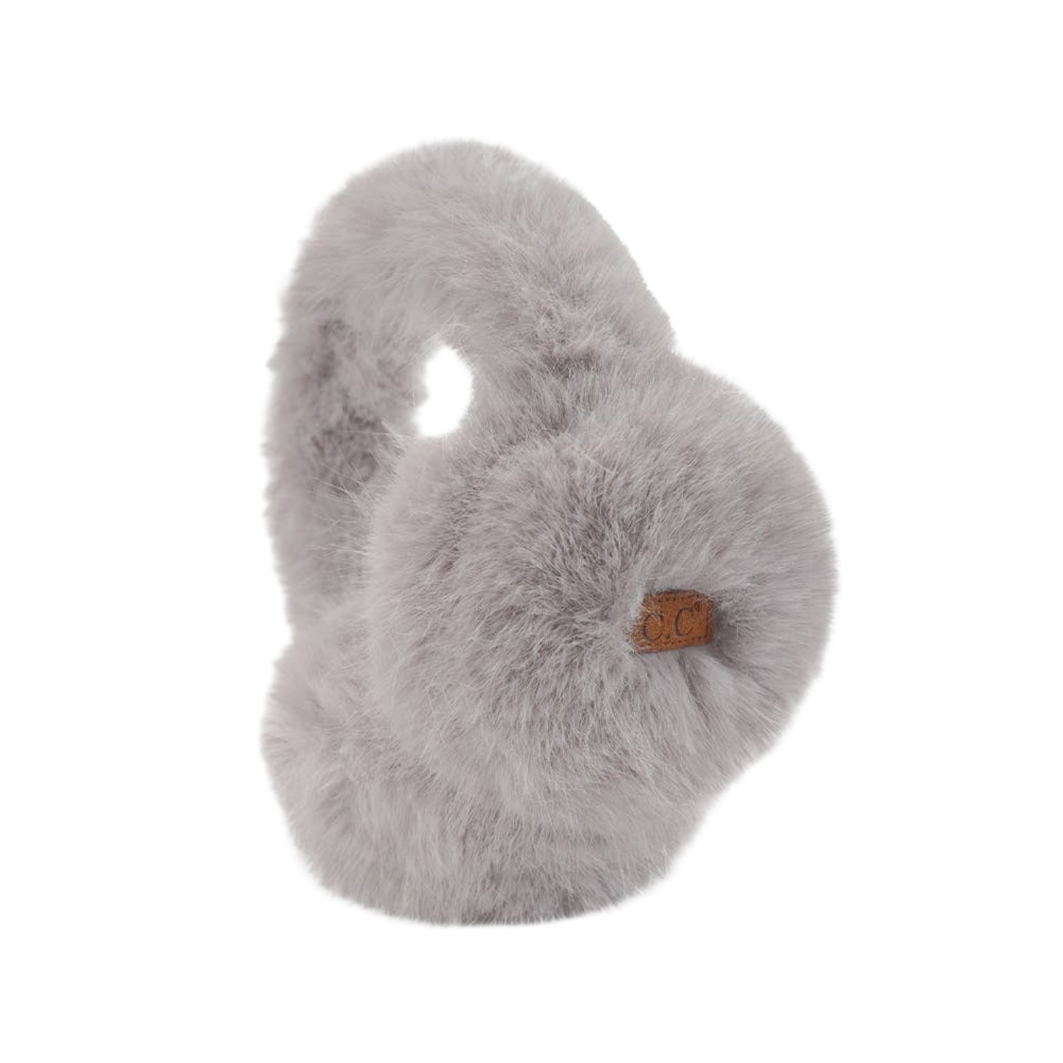 Long faux fur ear muff warmers in neutral tones, cozy winter accessory.