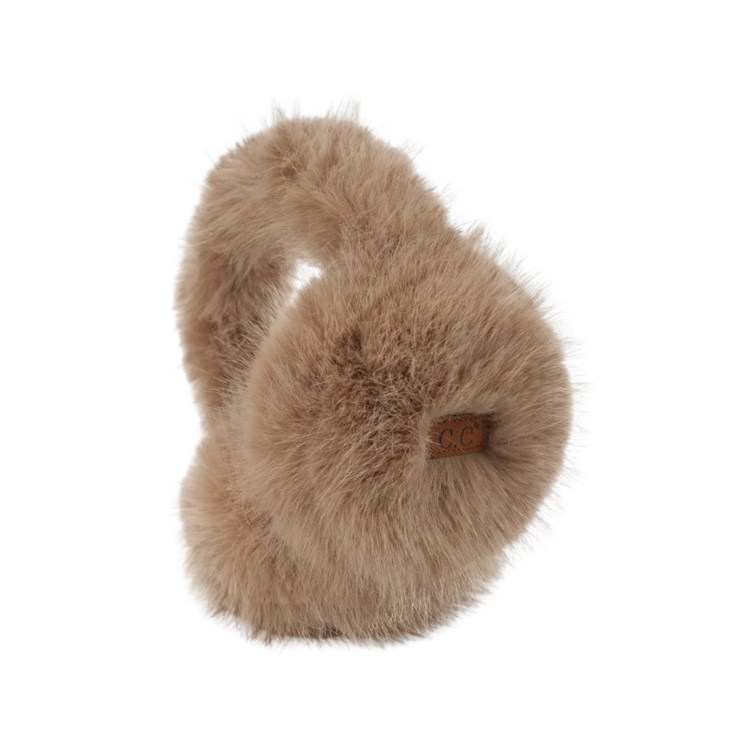 Long faux fur ear muff warmers in neutral tones, cozy winter accessory.