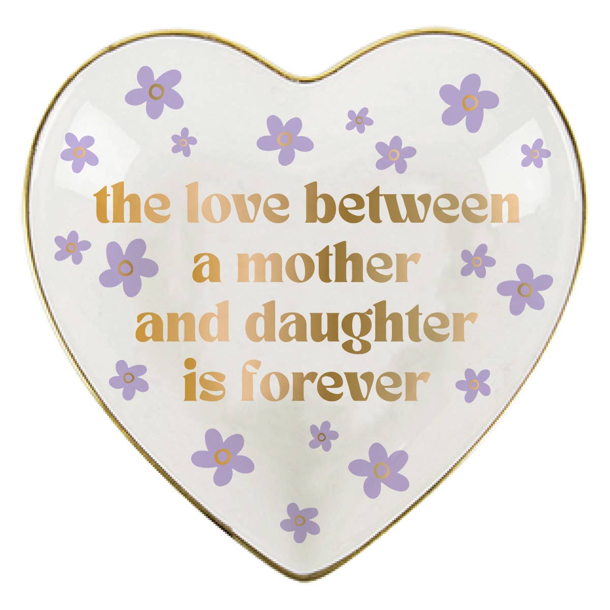 Heart-shaped dish with floral designs and text on a white background