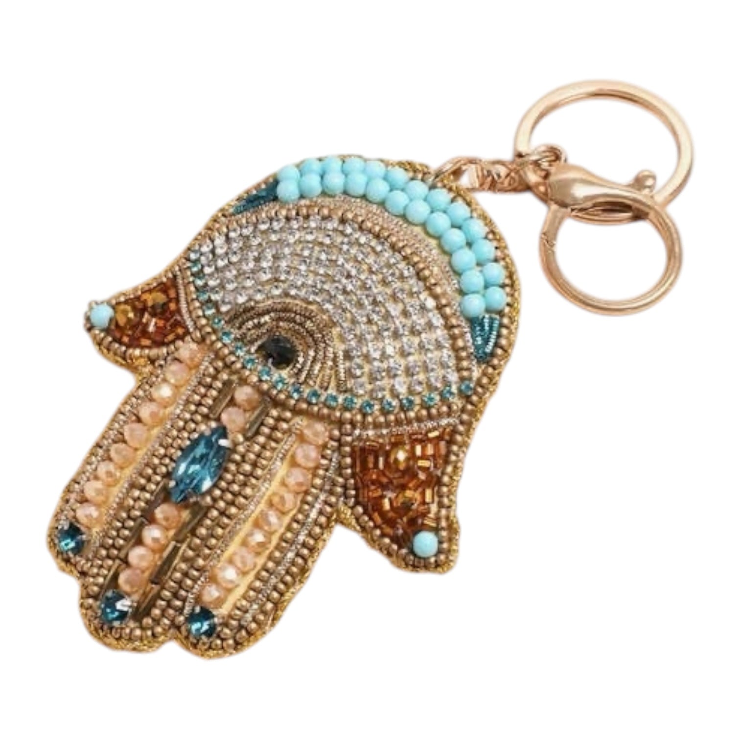 Decorative keychain in the shape of a hand with beads on a white background