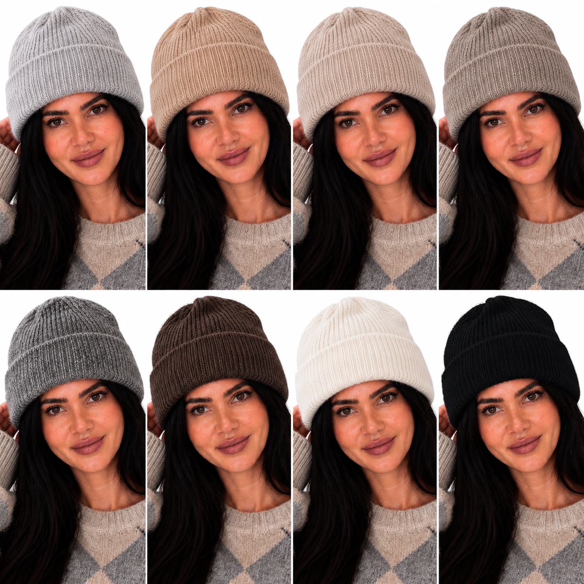 A collage of eight close-up portrait panels showing a woman wearing different knit beanie hats in light gray, beige, gray, brown, white, and black. The woman is also wearing a light gray sweater.