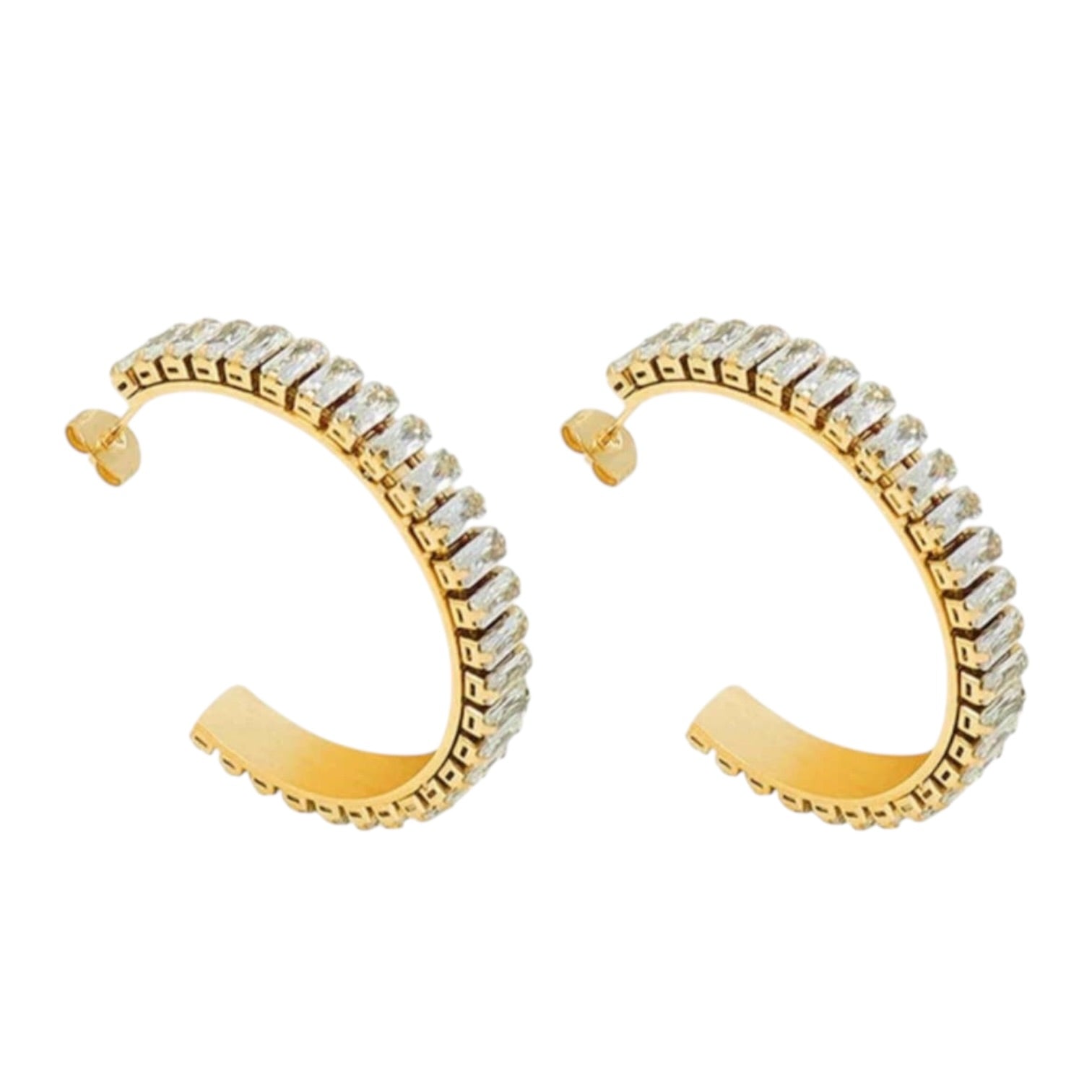 Gold hoop earrings with clear gemstones on a white background