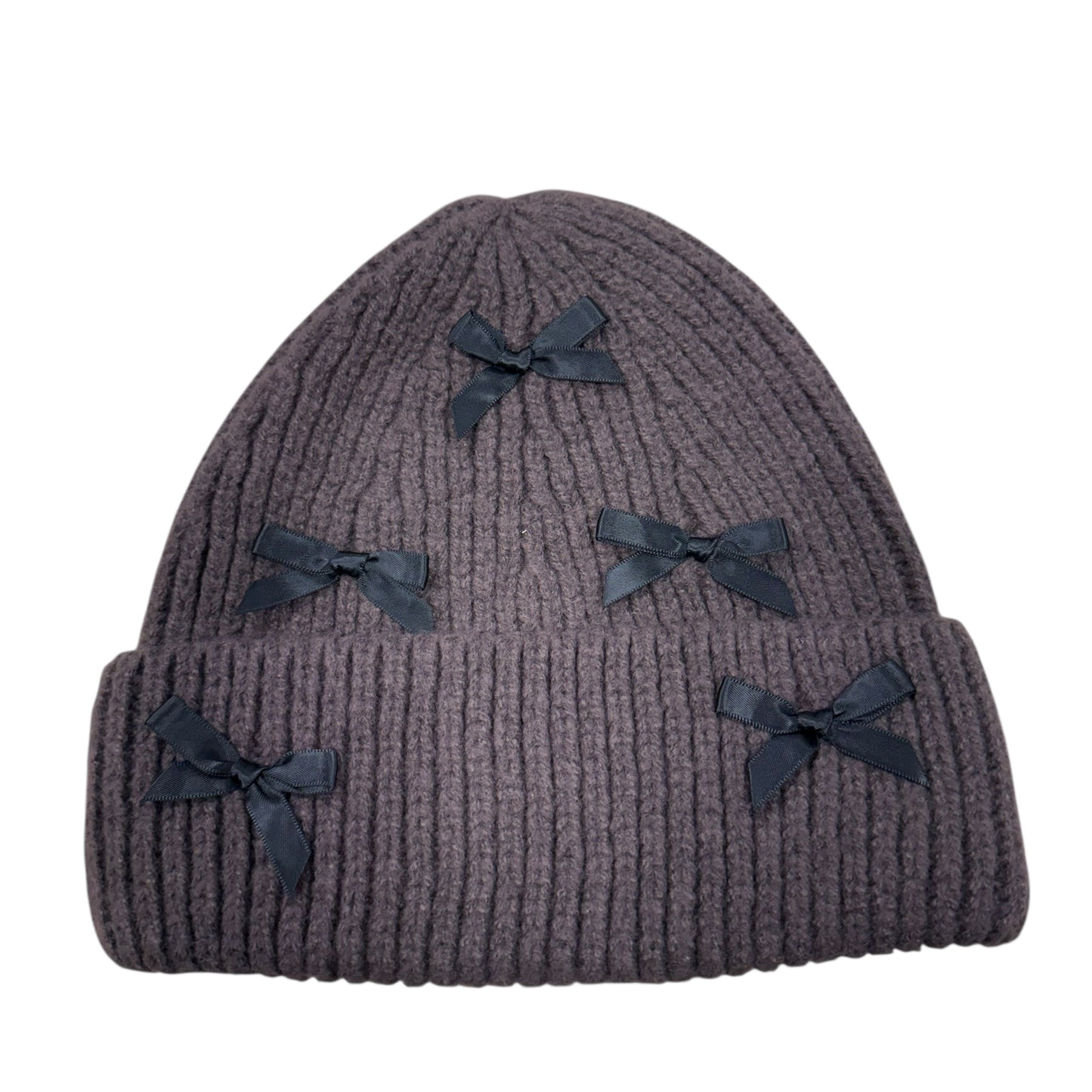 brown knit beanie with black bows on a white background
