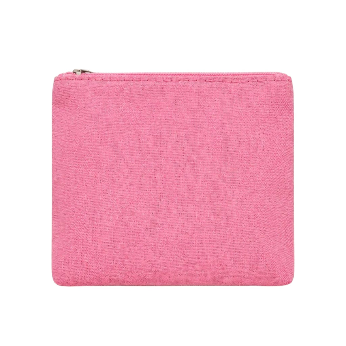 A small square pink zippered pouch with a textured fabric surface and a silver zipper pull, shown against a plain white background.