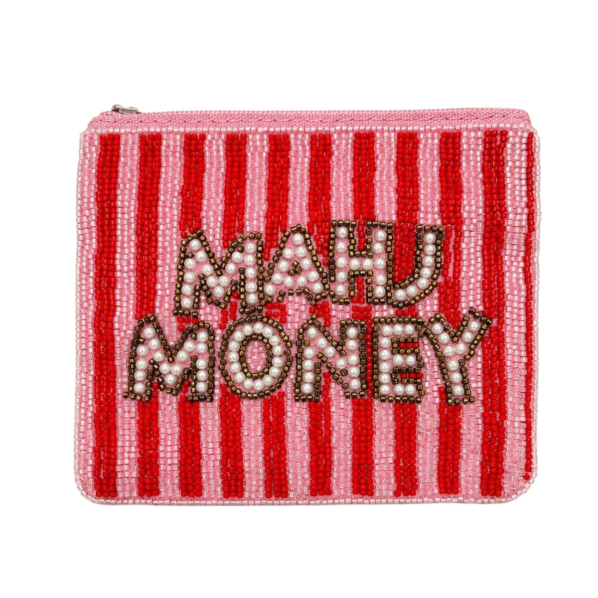 A pink and red beaded zip pouch featuring the text 'MAHU MONEY' in raised lettering with pearl-like white centers and dark outlines, set against a plain white background.