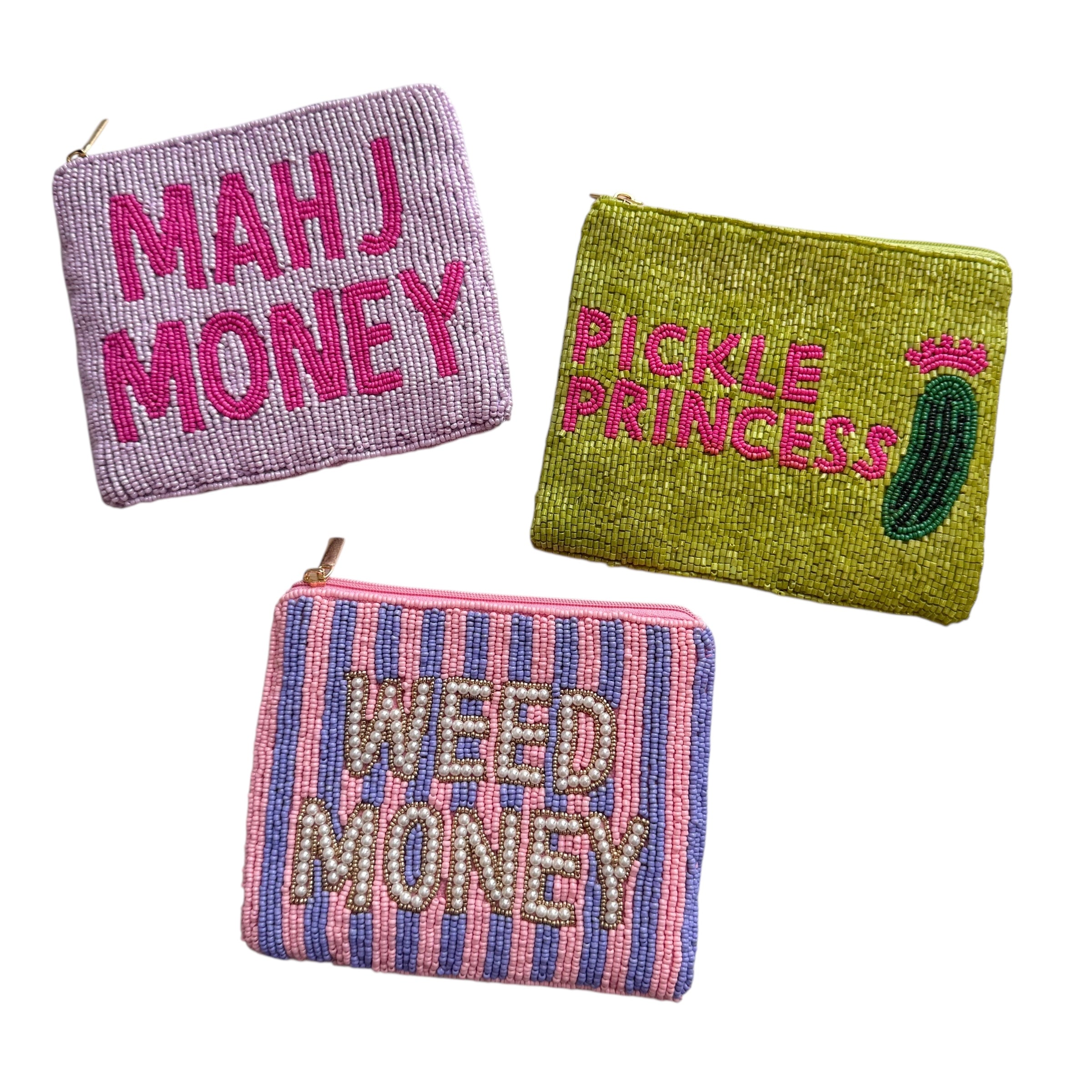 Three beaded pouches with text on a white background