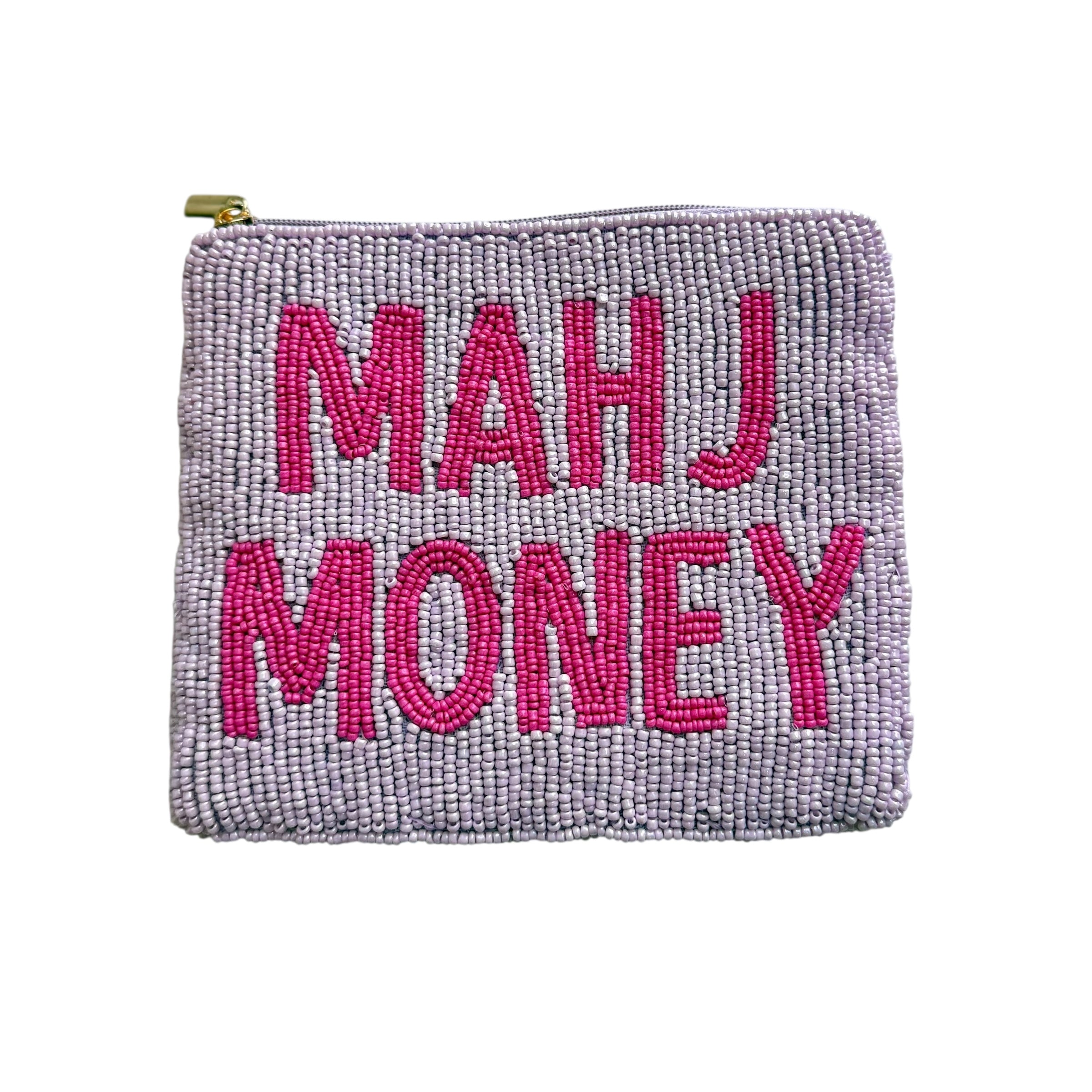Gray beaded pouch with 'MAH MONEY' in pink on a white background