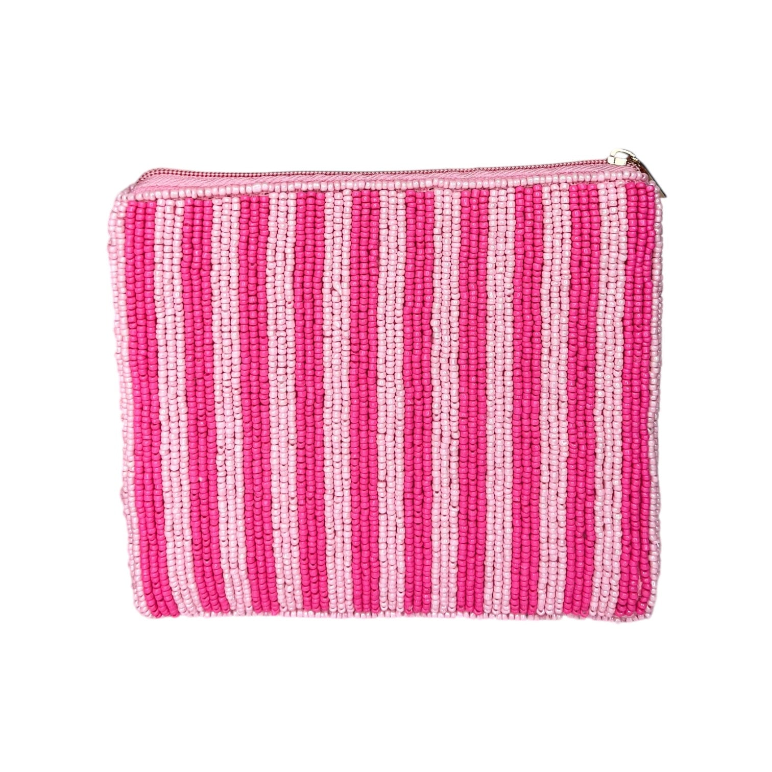 Pink and white striped pouch on a white background