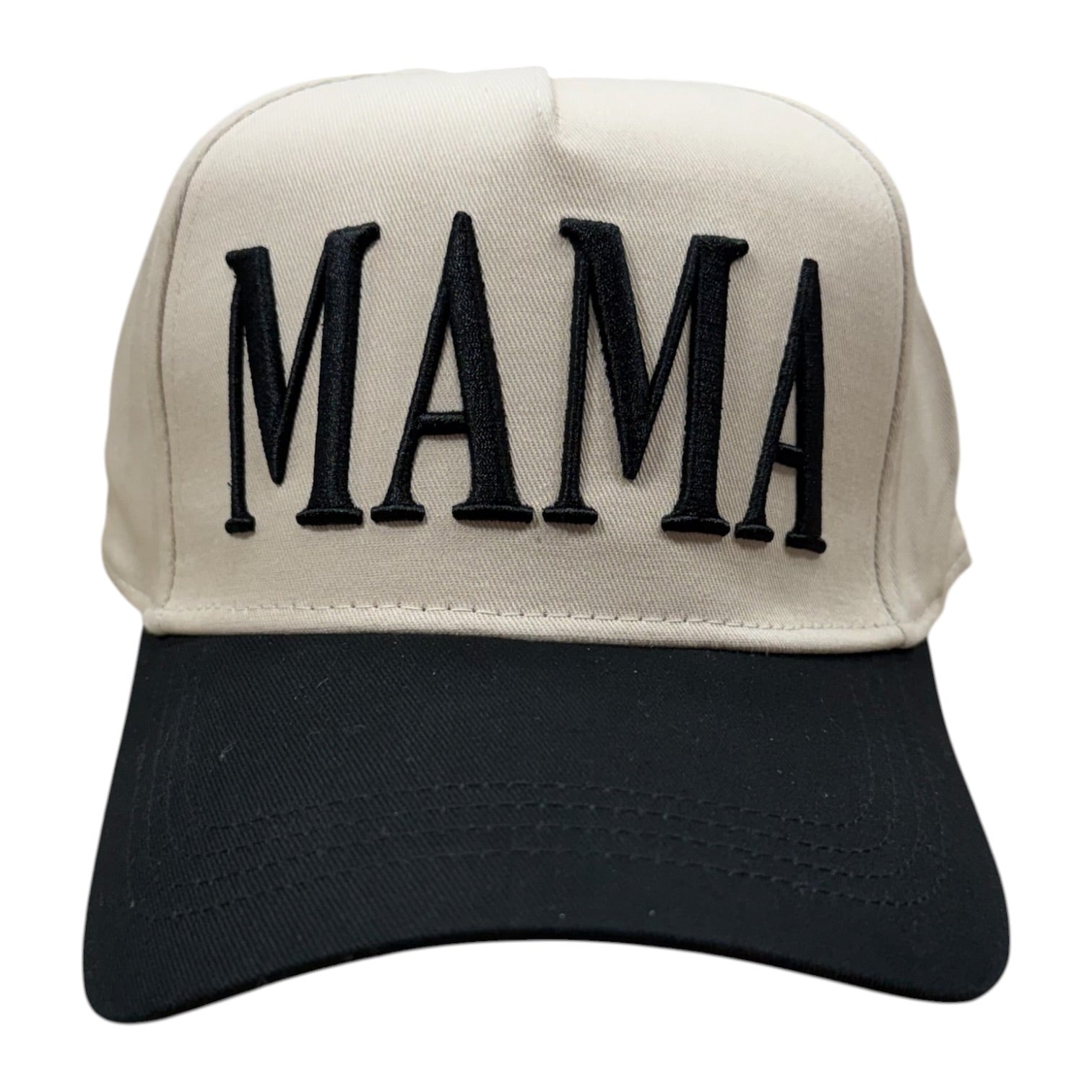 Beige cap with black 'MAMA' text on a white background