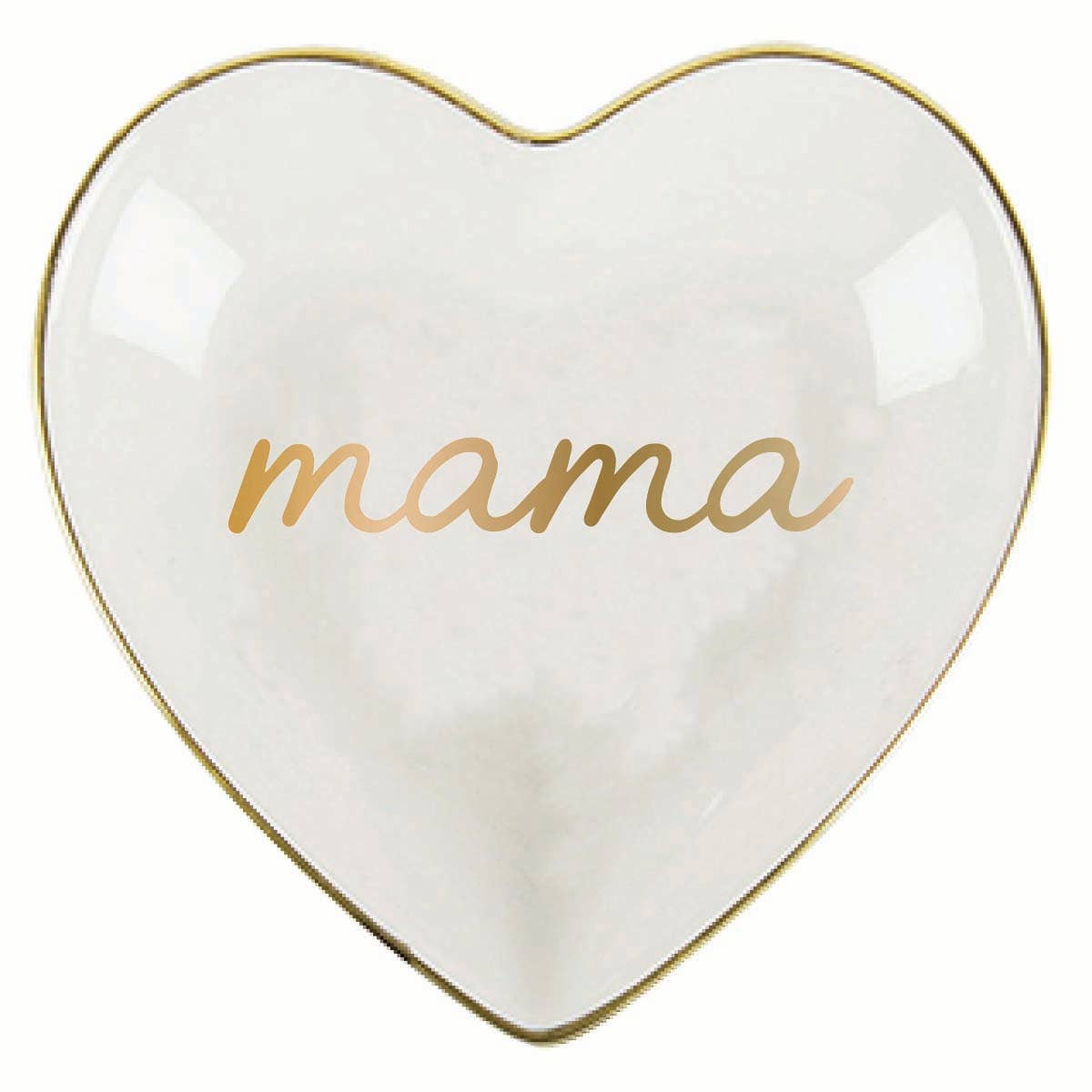 Heart-shaped white dish with gold rim and 'mama' text on a white background