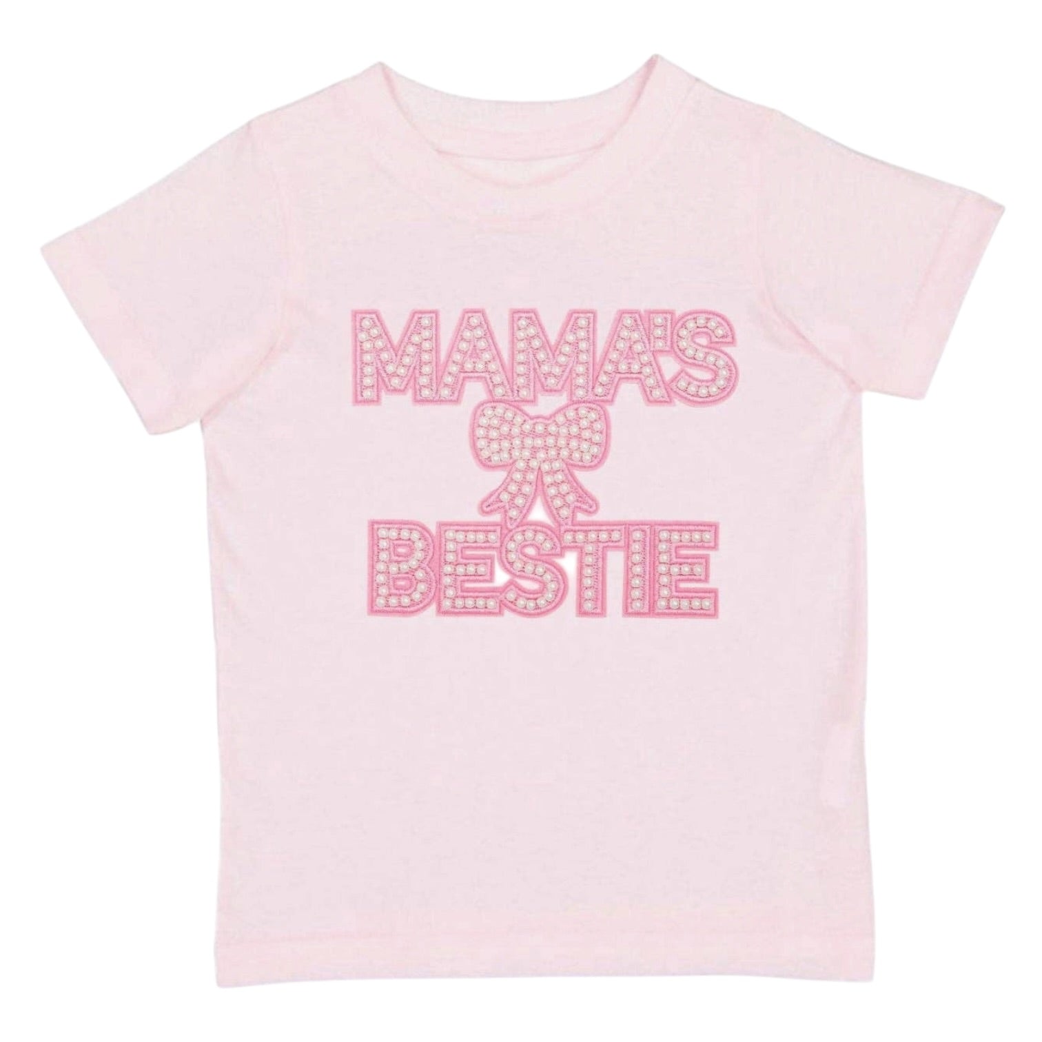 Pink t-shirt with 'Mama's Bestie' text and bow graphic on a white background
