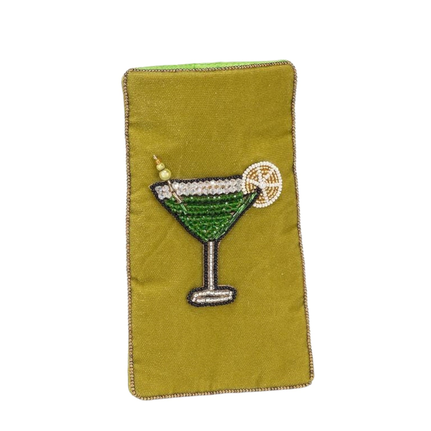 Embroidered cocktail glass design on a green fabric patch