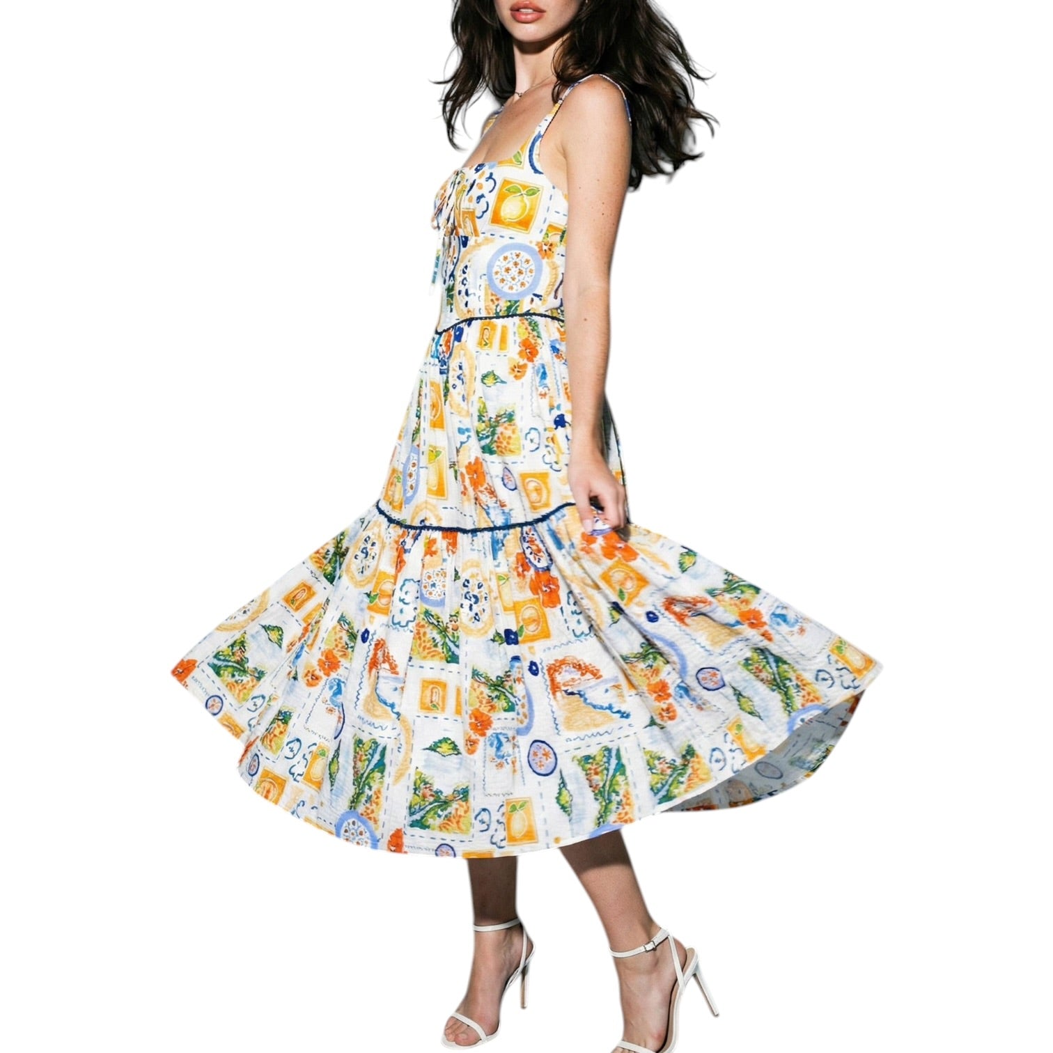 Woman wearing a colorful patterned dress on a white background