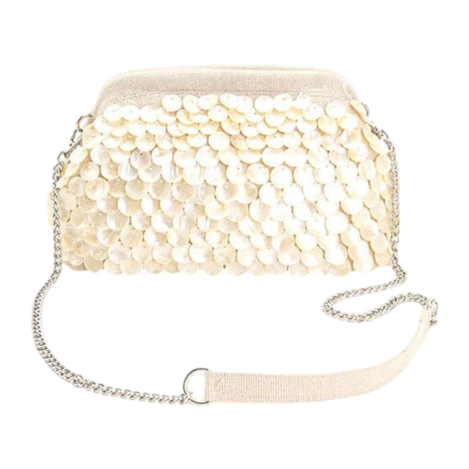 Beige handbag with pearl-like surface and chain strap on a white background