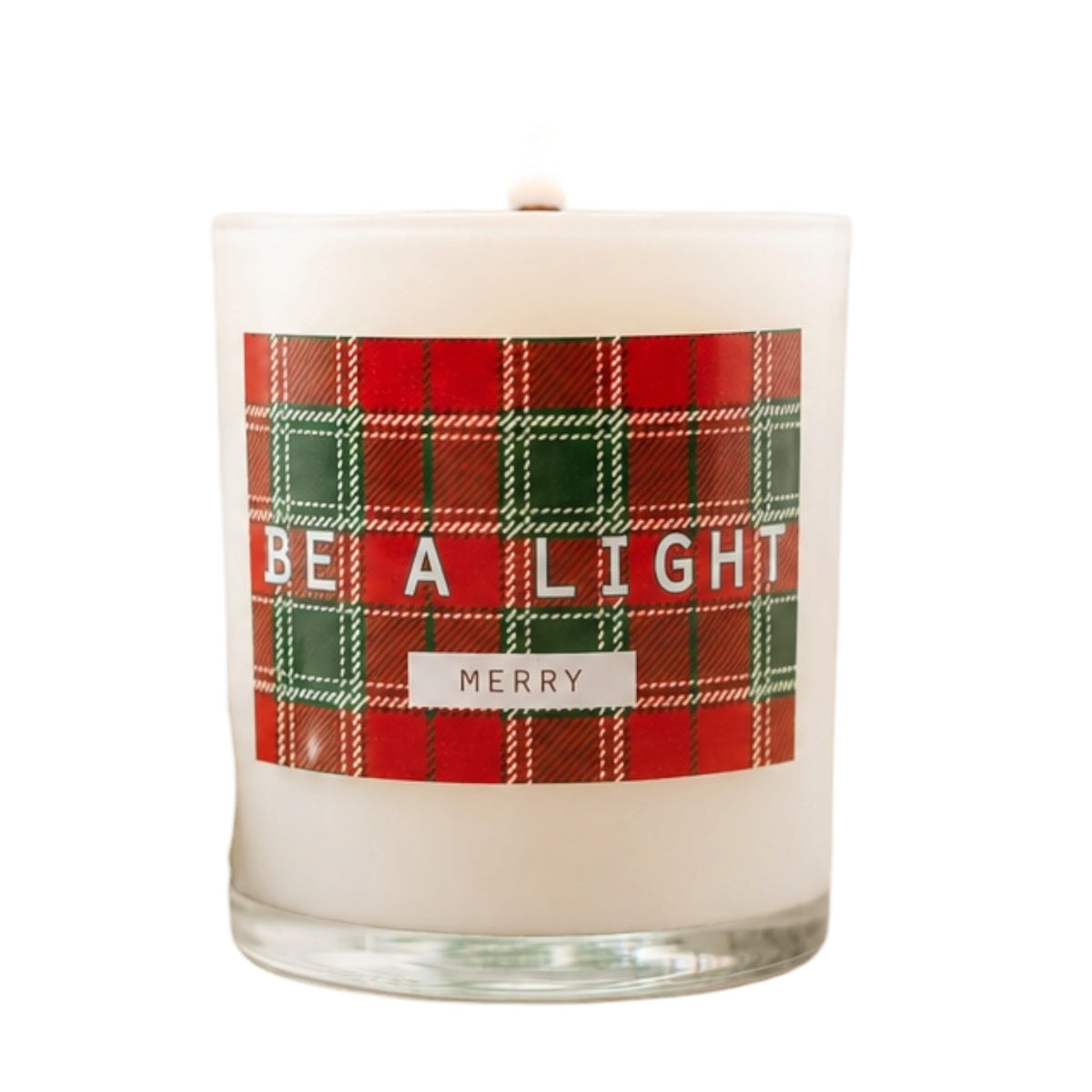 A white wax candle in a clear glass jar with a red and green tartan plaid label that reads 'BE A LIGHT MERRY'.