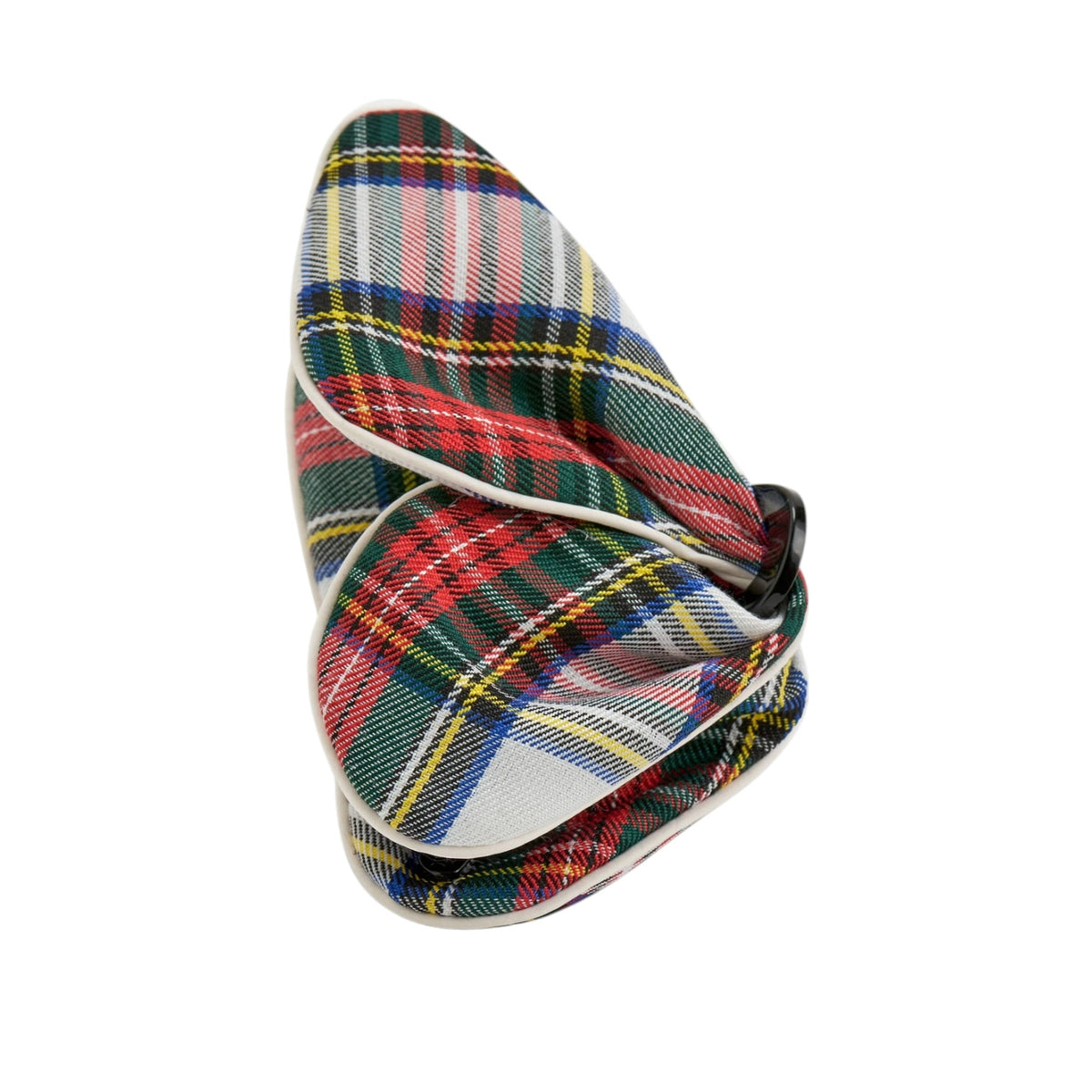 A small fabric accessory, possibly a pocket square or decorative cloth, folded into a heart-like shape and secured with a black elastic band. The fabric features a vibrant multicolor tartan plaid pattern with red, green, blue, yellow, and white stripes.